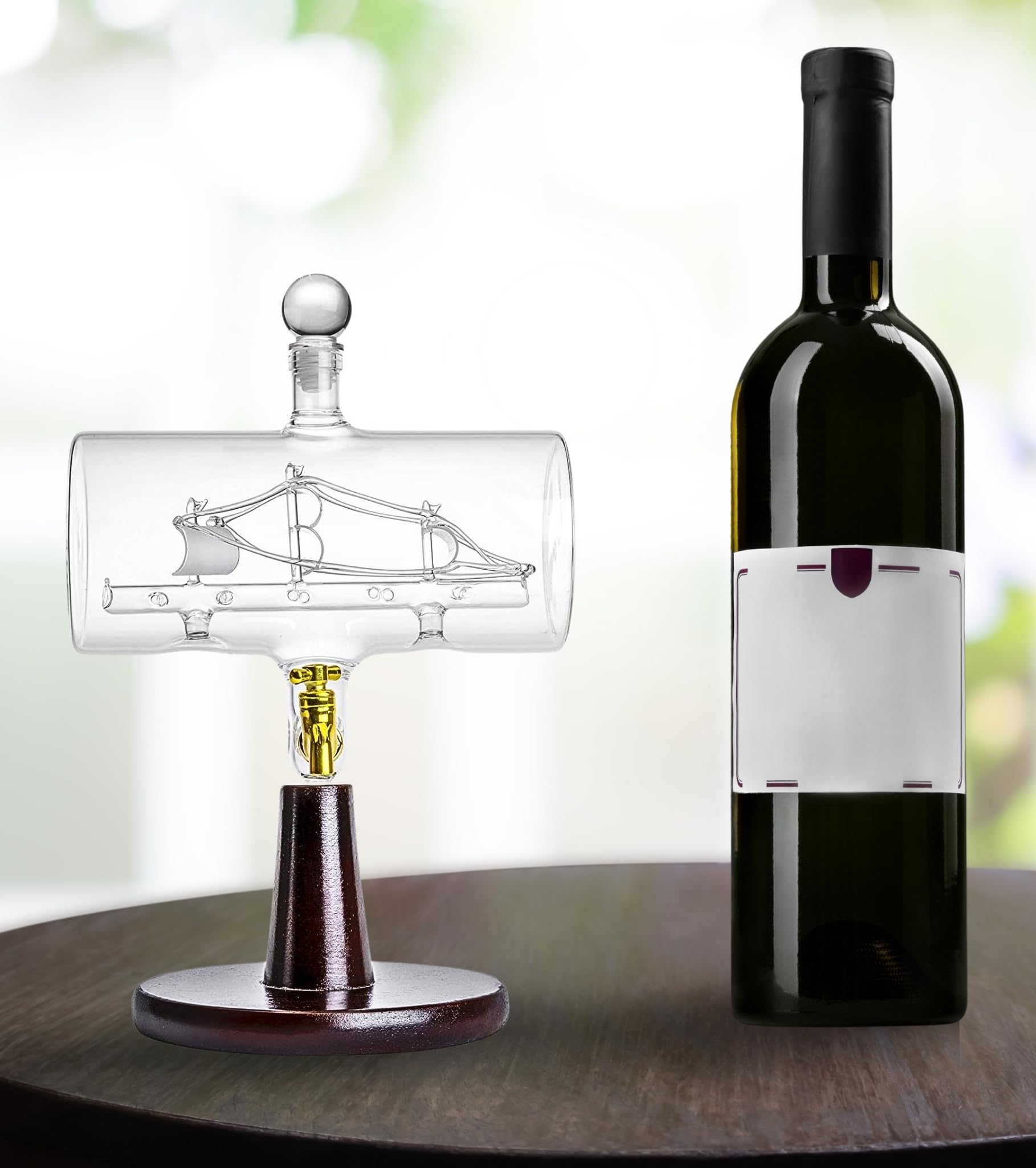 Premium Handcrafted 38oz Whiskey Decanter Set - Glass Liquor Dispenser with Wooden Stand, Bar Funnel & Ship Design - Perfect for Home Bars, Gifts & Whiskey Enthusiasts