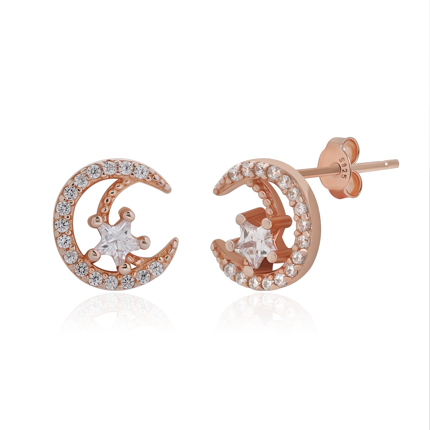 Meissa Sterling Silver Moon & Star Earrings for Women - Hypoallergenic Rose Gold Stud Earrings | Cute Gift for Girls, Teens & Adults | Perfect for Everyday Wear, Date Night & Special Occasions