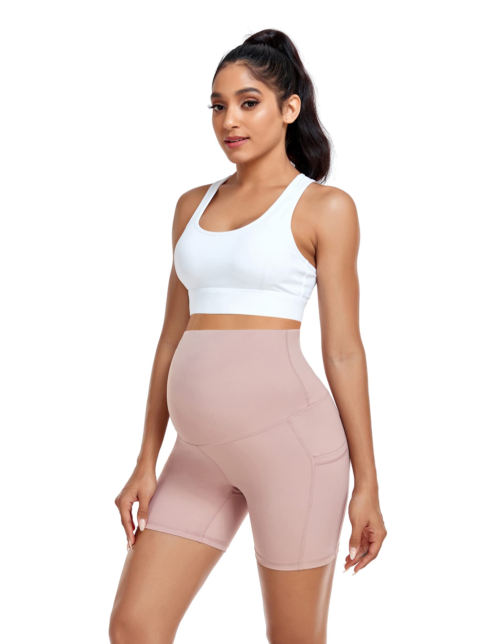 HOFISH Maternity Shorts for Women - Over The Belly Pregnancy Bike Shorts, Workout Active Running Short Pants with Pockets - Perfect for Yoga, Gym & Everyday Comfort