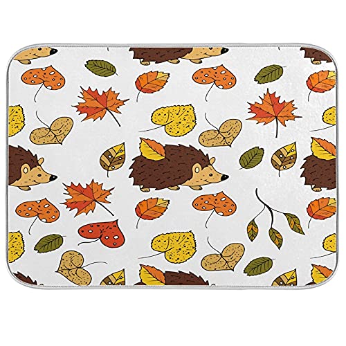 16x18 Inch Autumn-Themed Dish Drying Mat - Fast Absorbent Kitchen Counter Decor with Maple Leaves & Hedgehog Design | Heat-Resistant Tableware Pad, Baby Bottle Rack & Drainer Mat for Fall Kitchen Accessories | Perfect for Holiday Entertaining & Cozy Home Decor