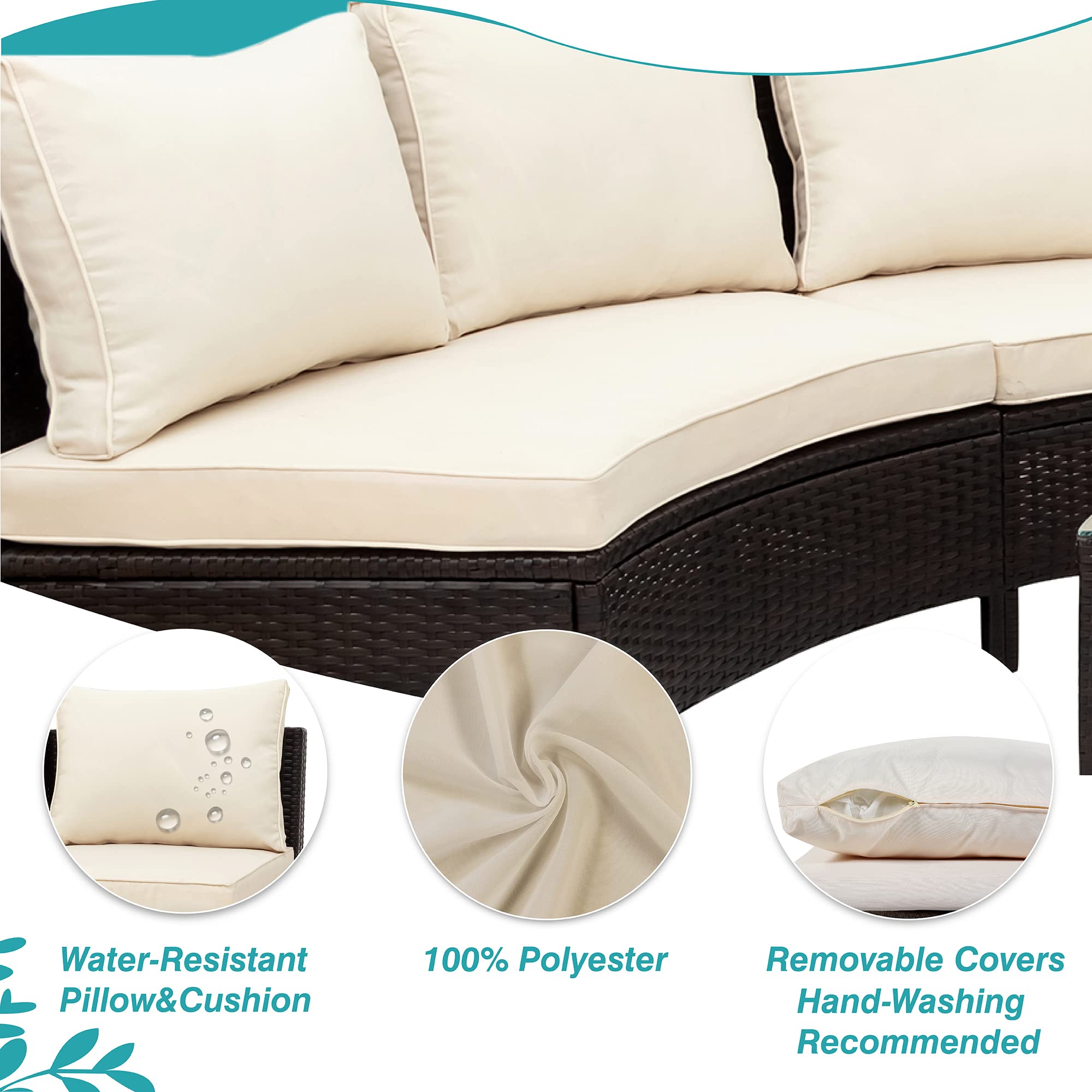 Polibi 5-Piece Patio Furniture Set - All-Weather PE Rattan Half Moon Sofa with Tempered Glass Table & Beige Cushions - Perfect for Backyard, Garden, Poolside Outdoor Relaxation
