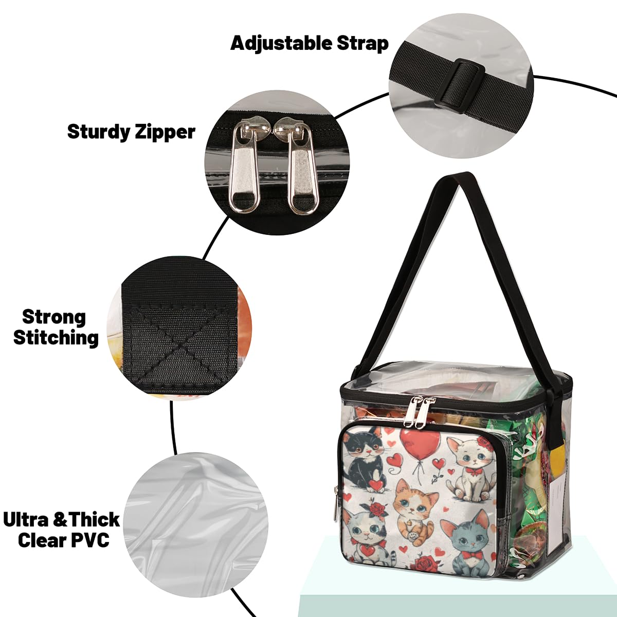 GzLeyigou Clear Transparent Tote Bag with Handles - Cute Cat & Rose Design Crossbody Shoulder Bag for Women | Perfect for Valentine's Day, Lunch, Outdoor Travel, Picnic, Concerts & Sports Events | Stadium Approved Multipurpose Purse