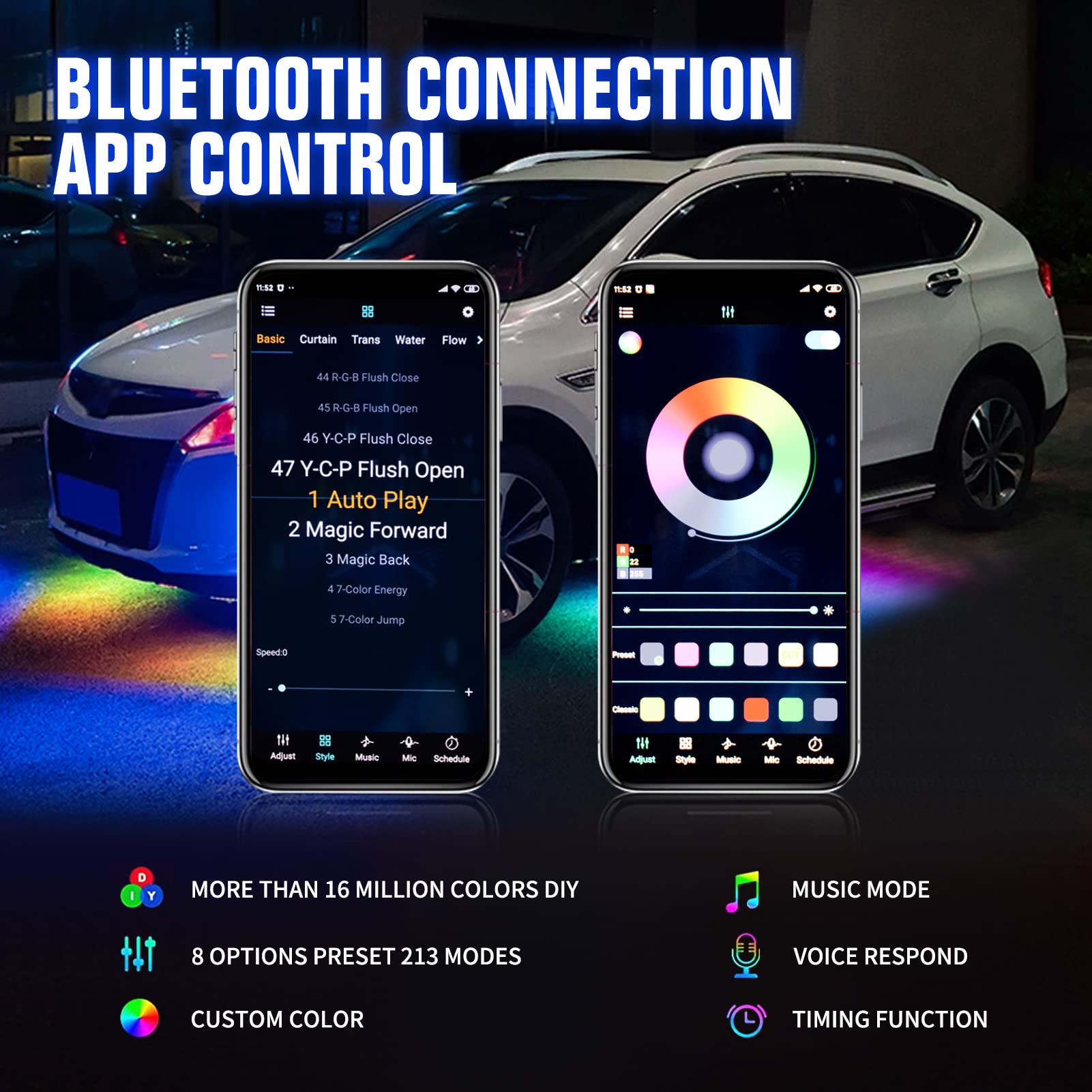 Car Underglow LED Lights Kit - Exterior Neon Accent Lighting with APP Control & Color Changing Effects for Cars, Trucks, ATVs (4PCs) - Perfect for Night Driving, Car Shows & Off-Road Adventures