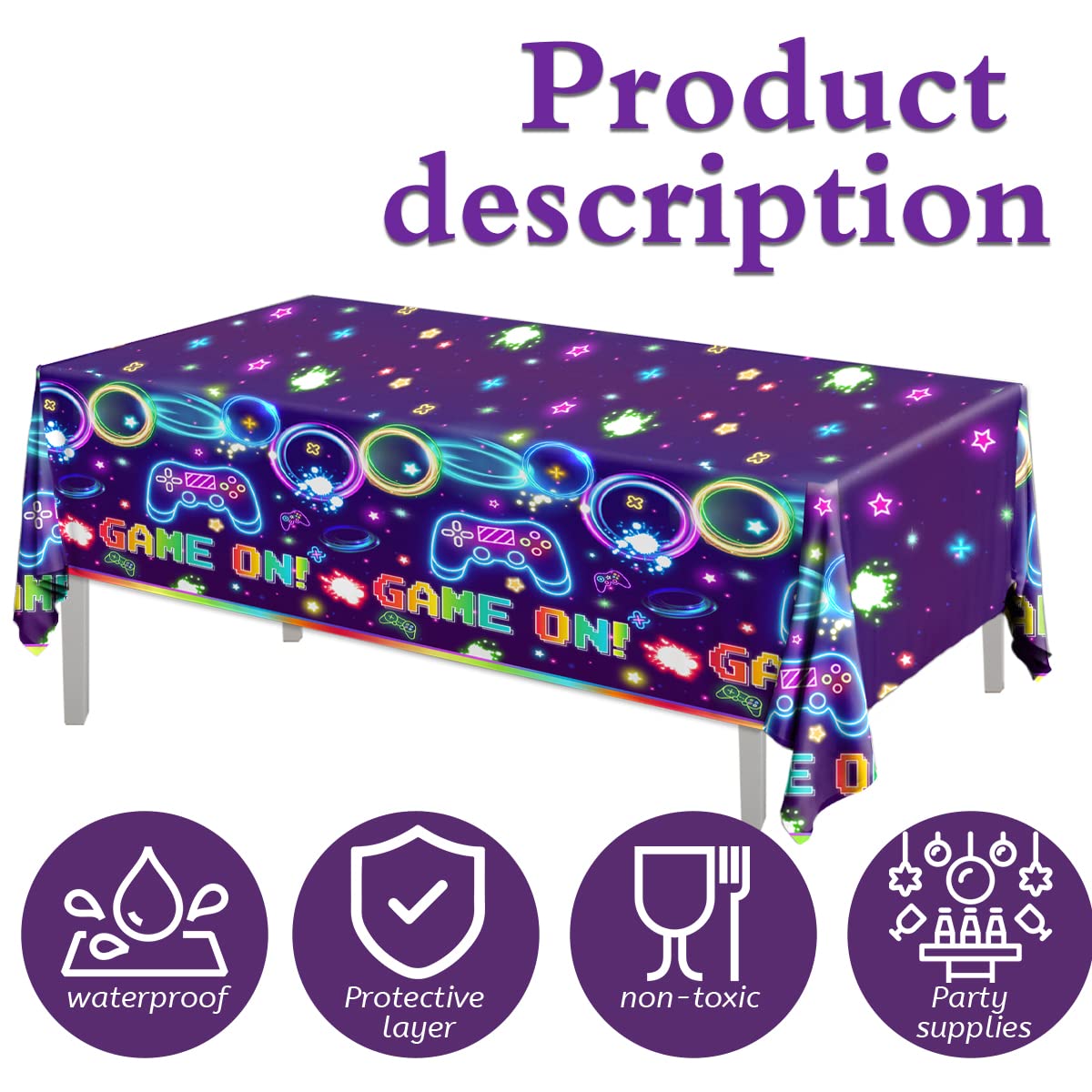 3-Piece Neon Video Game Tablecloth Set - Gaming Birthday Party Decor for Kids, Boys & Girls - Waterproof Table Cover for Gaming Parties, Events & Home Decor