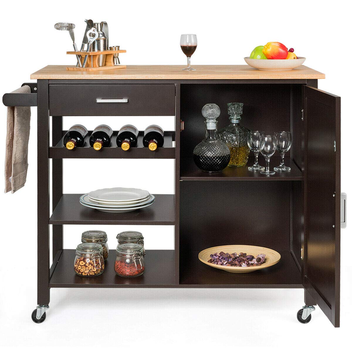 HPW Rolling Kitchen Island Cart with Drawer, Shelves & Wine Rack - Rubber Wood Countertop for Silverware Storage | Organize Utensils, Towels & Kitchen Essentials | Perfect for Small Spaces, Entertaining & Meal Prep