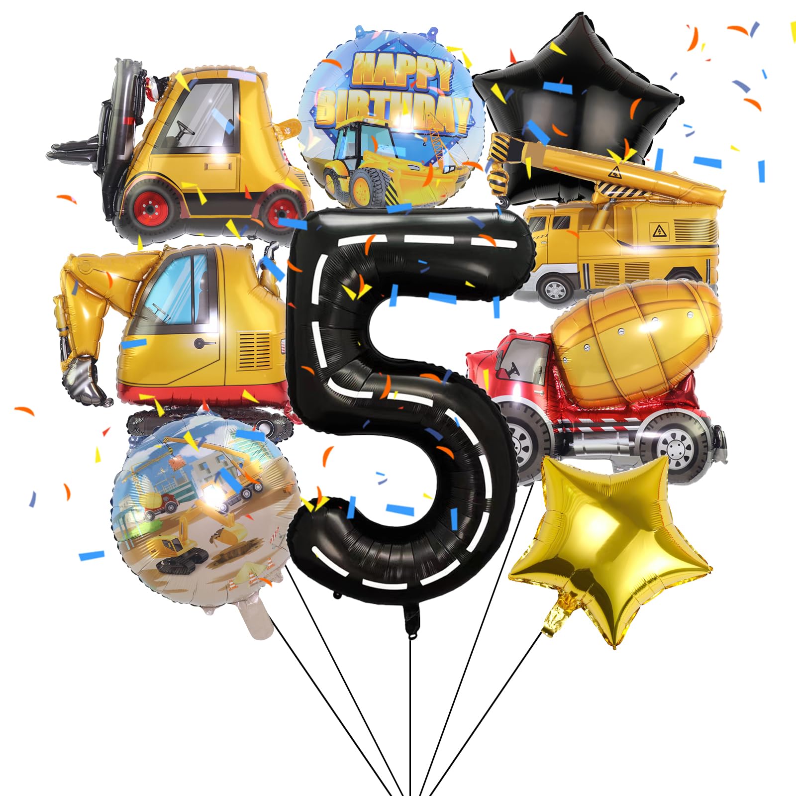 Construction 5th Birthday Party Decorations Set - 9pcs Foil Number Balloons for Construction Truck Theme Party Supplies | Perfect for Kids Birthday, Construction Themed Events & DIY Party Decor