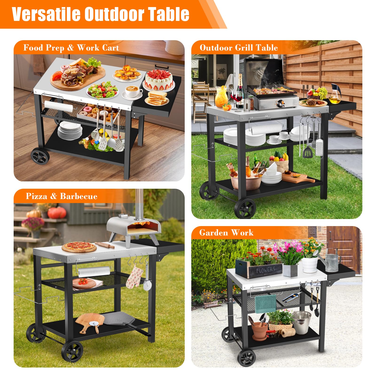 Portable Grill Cart with 3-Tier Shelves - Outdoor BBQ Table for Ninja Woodfire, Blackstone Griddle & Ooni Pizza Oven - Movable Kitchen Cart with Storage Drawer - Perfect for Backyard Cooking, Patio Dining & Camping Trips