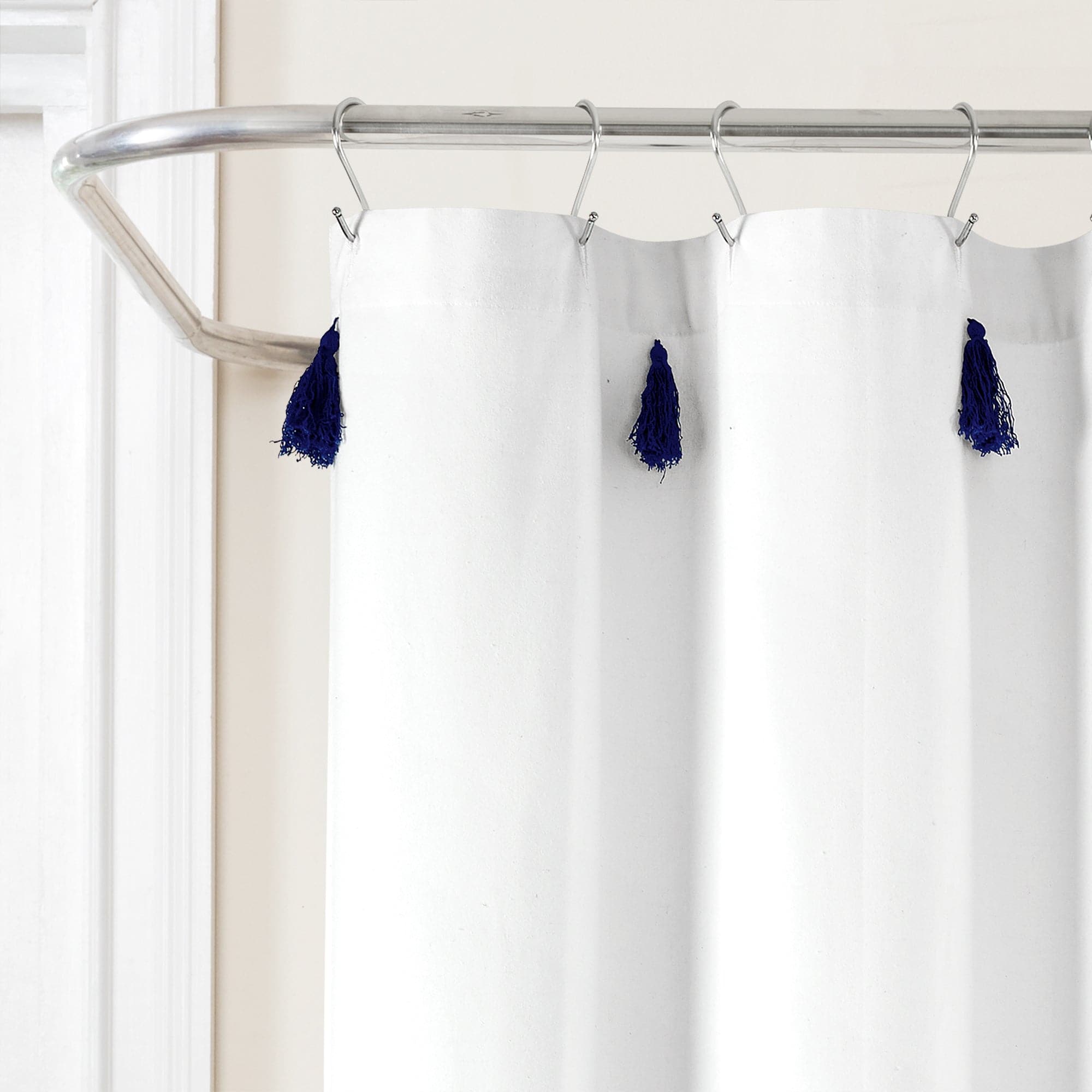 Boho Tassel Stripe Shower Curtain - Eco-Friendly Recycled Cotton Blend, Hand-Dyed Yarn, Waterproof Bathroom Decor for Boho Chic, Farmhouse or Coastal Style Homes