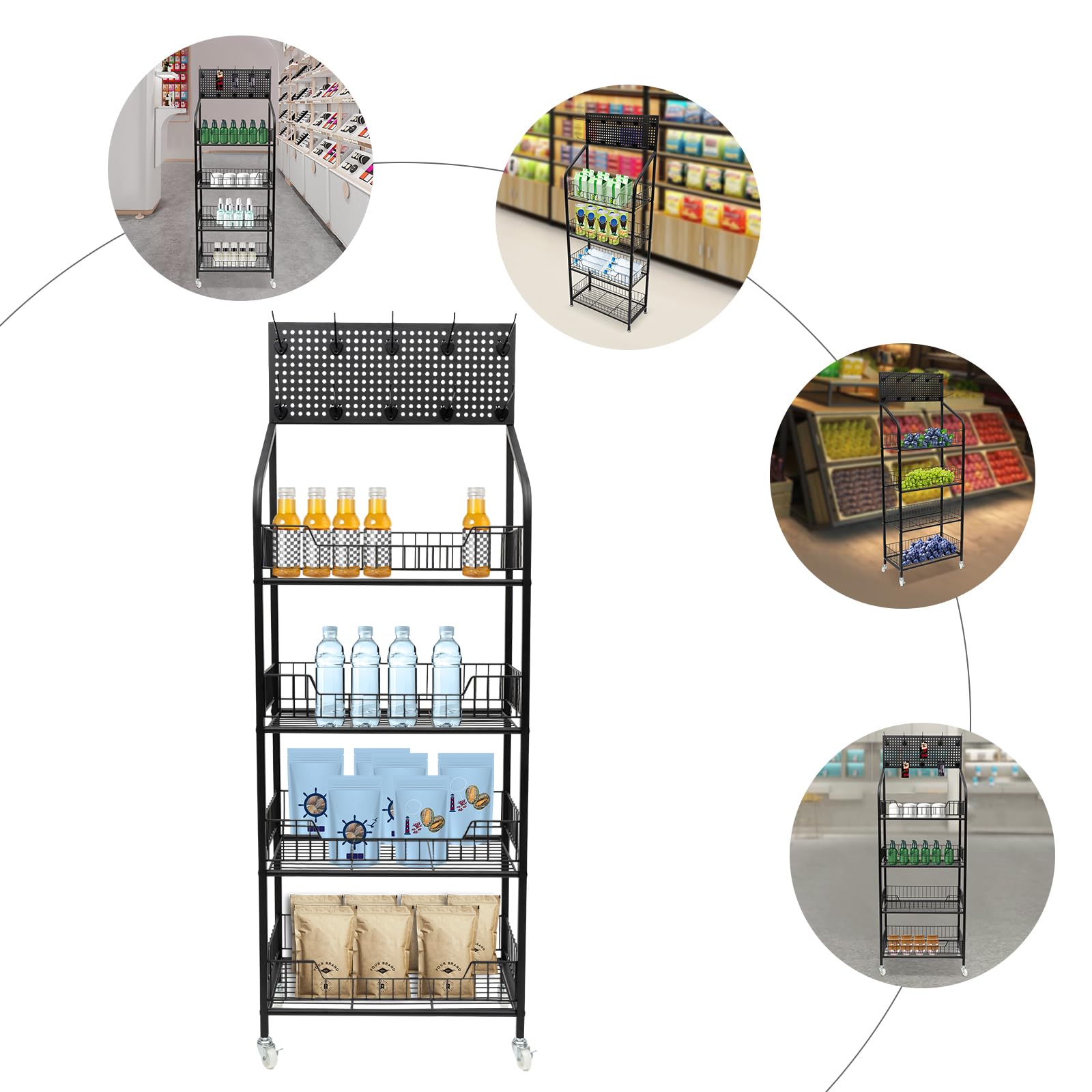 4 Tier Heavy Duty Snack Rack Organizer - Freestanding Mobile Utility Cart with 10 Hooks - 22 lbs Capacity per Tier (19.6x10.6x55 Inches, Black) - Perfect for Kitchen, Garage, Market, Bar & Retail Display Organization
