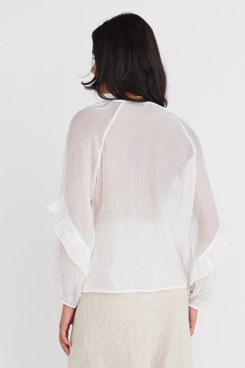 Ivory Sheer Frill Front Top for Women - Elegant Daily Wear Blouse for Casual Outings & Office Attire