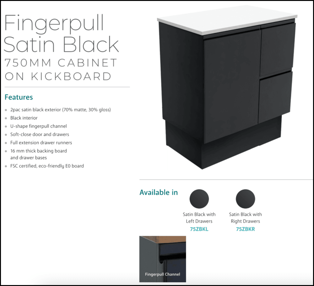 Fienza SC75ZBKR 750mm Undermount Bathroom Vanity with Crystal Pure Stone Top, Satin Black Fingerpull Design & Kickboard - Right Drawers for Modern Bathroom Renovation