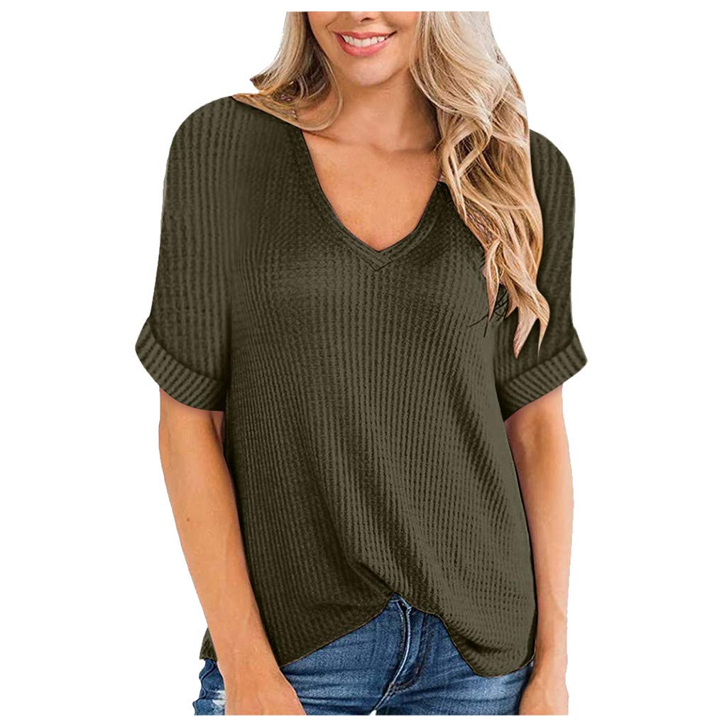 Women's Waffle Knit Tunic Blouse - Short Sleeve V-Neck Loose Fitting Top for Casual Wear & Layering | Mikilon