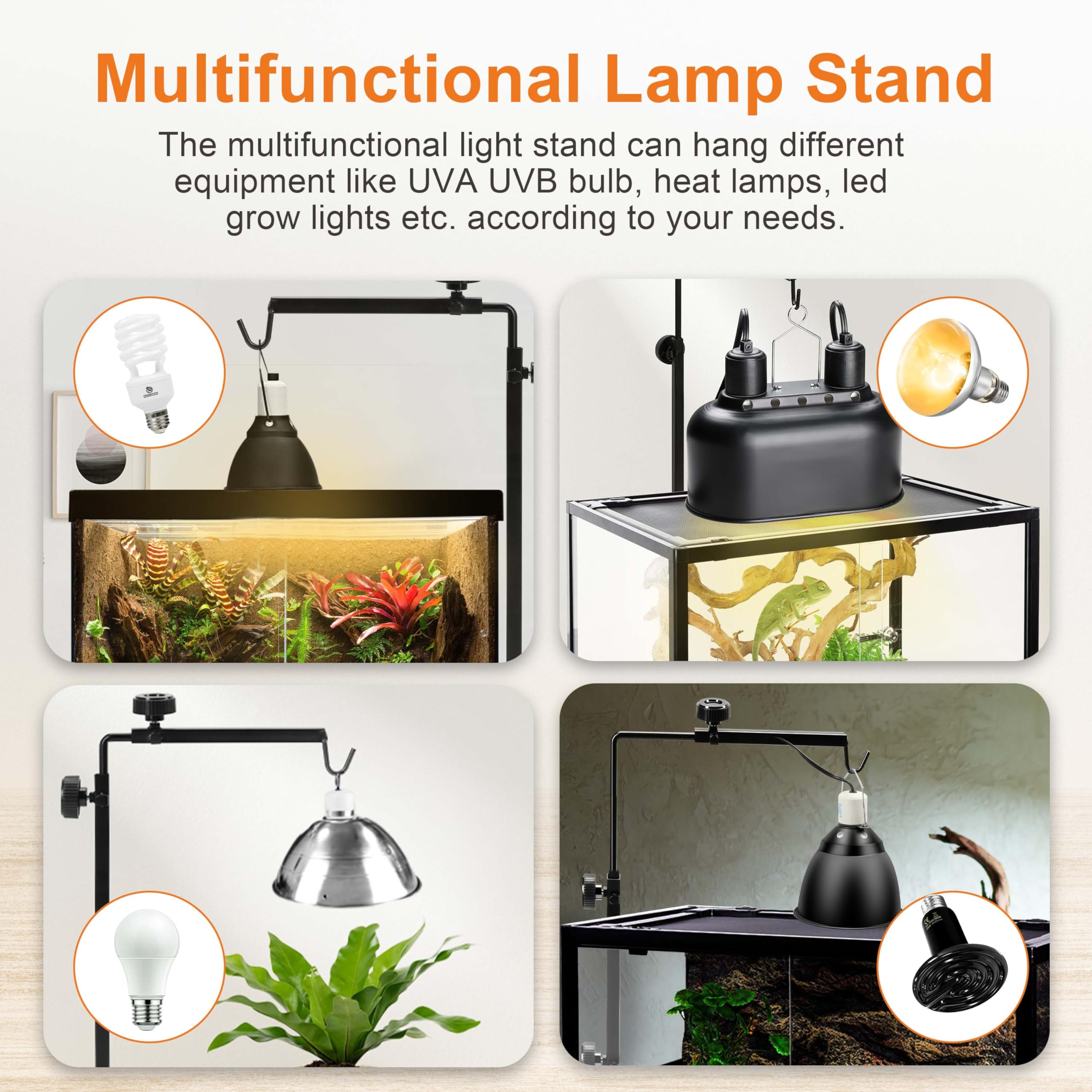Adjustable Reptile Lamp Stand - Metal Floor Light Holder for Terrarium Heating & Dome Lampshade - Large Black Basking Lamp Support - Perfect for Bearded Dragons, Turtles & Reptile Habitats