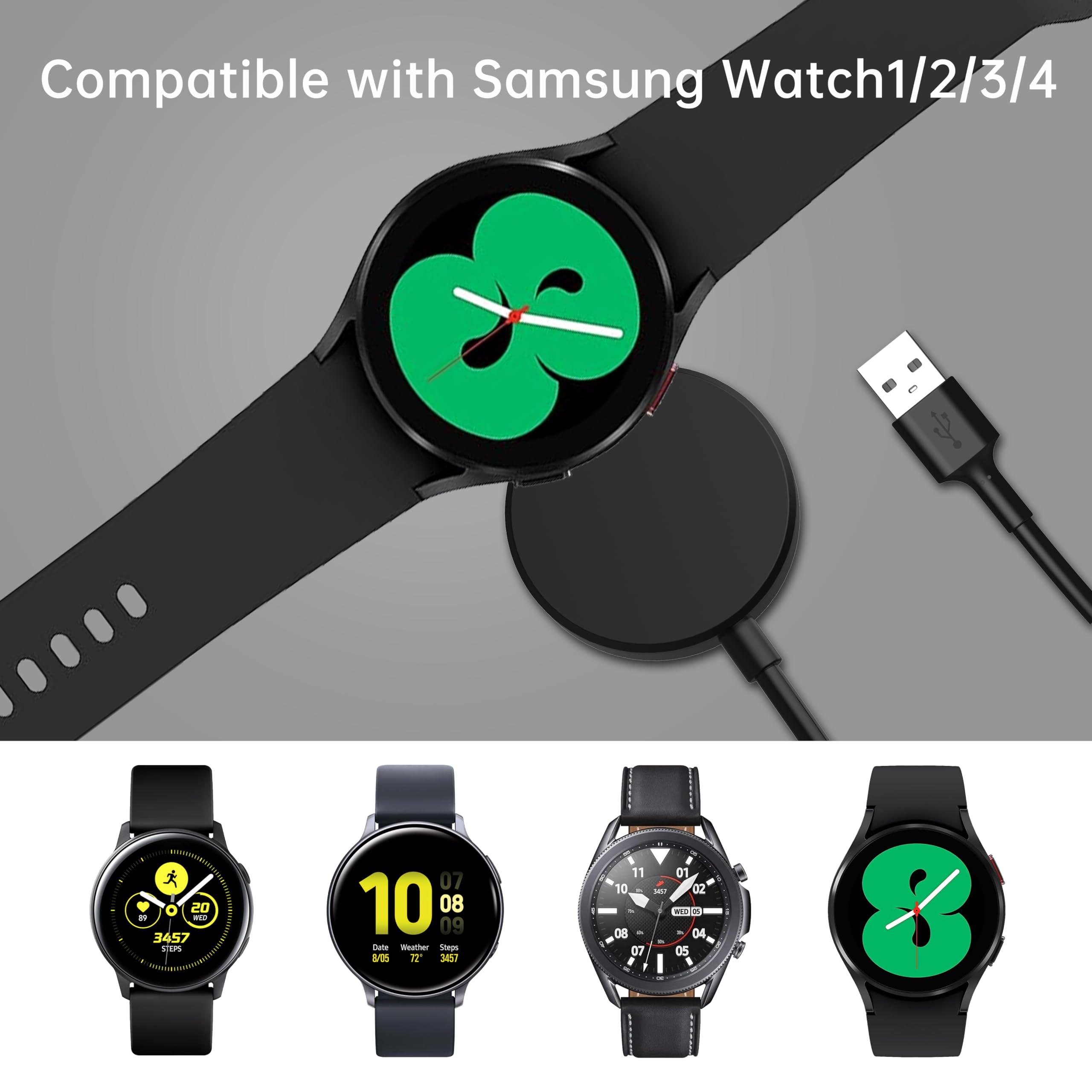 2-Pack Wireless Charger Cable for Samsung Galaxy Watch 6/6 Classic/5/5 Pro/4/4 Classic/3/Active - 3.3ft Replacement Charging Dock (Black) | Perfect for Home, Office & Travel Use