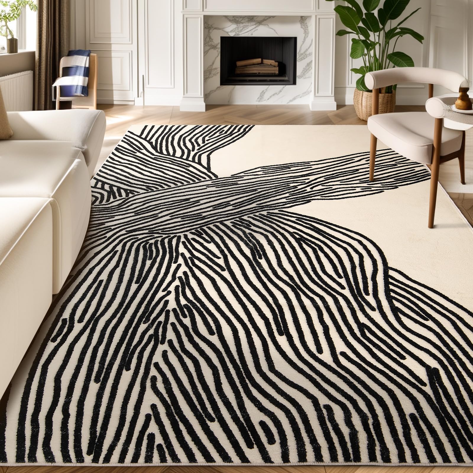 YIHOUSE 8×10 Ft Non-Shedding Washable Area Rug - Soft Faux Wool Modern Striped Black and White Rug for Bedroom, Living Room, Dining Room, Office, Playroom & Nursery | Non-Slip Contemporary Large Rug for Home Decor & Cozy Floor Comfort