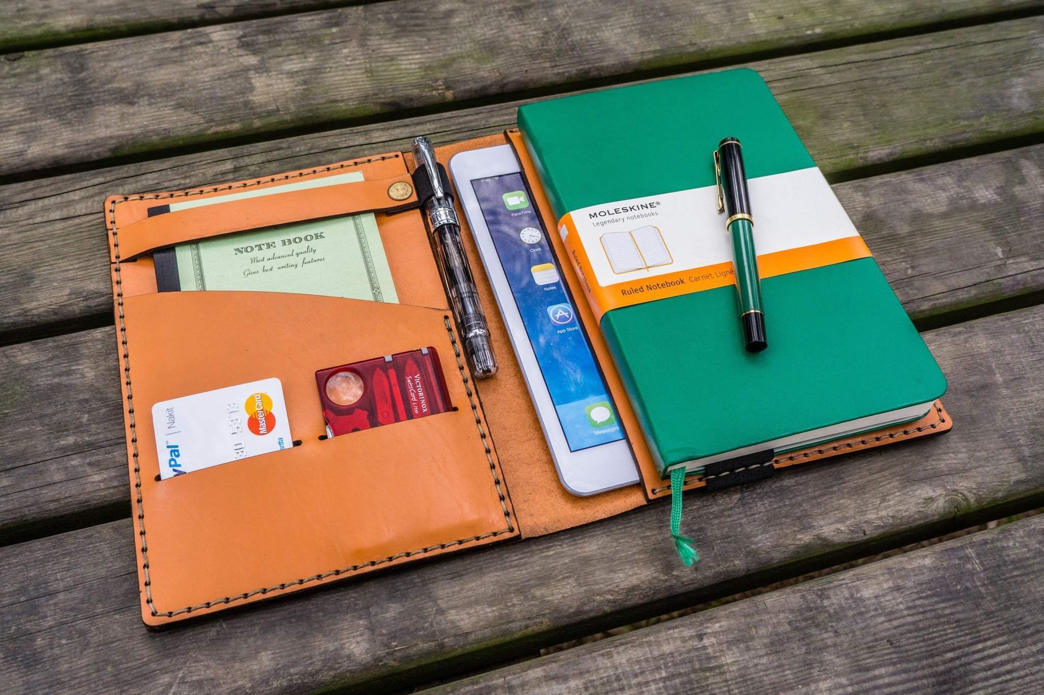 Premium Orange Leather Rhodia A5 Notebook Cover with iPad Mini Sleeve - Perfect for Work, Travel & Journaling