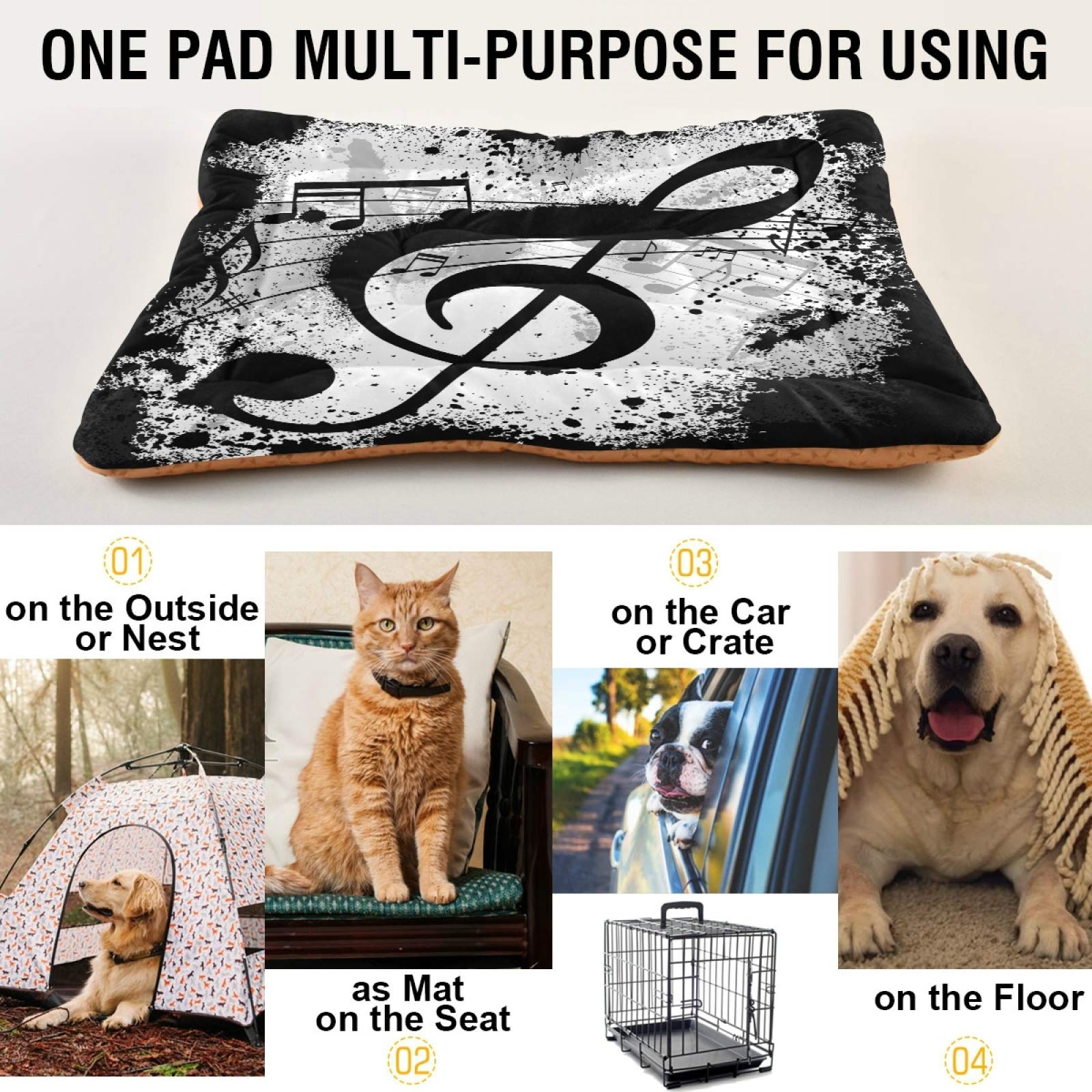 Black Music Notes Dog Bed & Cat Bed - Rectangle Ultra Soft Comfortable Pet Bed for Small Medium Large Dogs - Calming Plush Pet Mat 36x24 Inches - Perfect for Living Room, Bedroom & Pet Nursery
