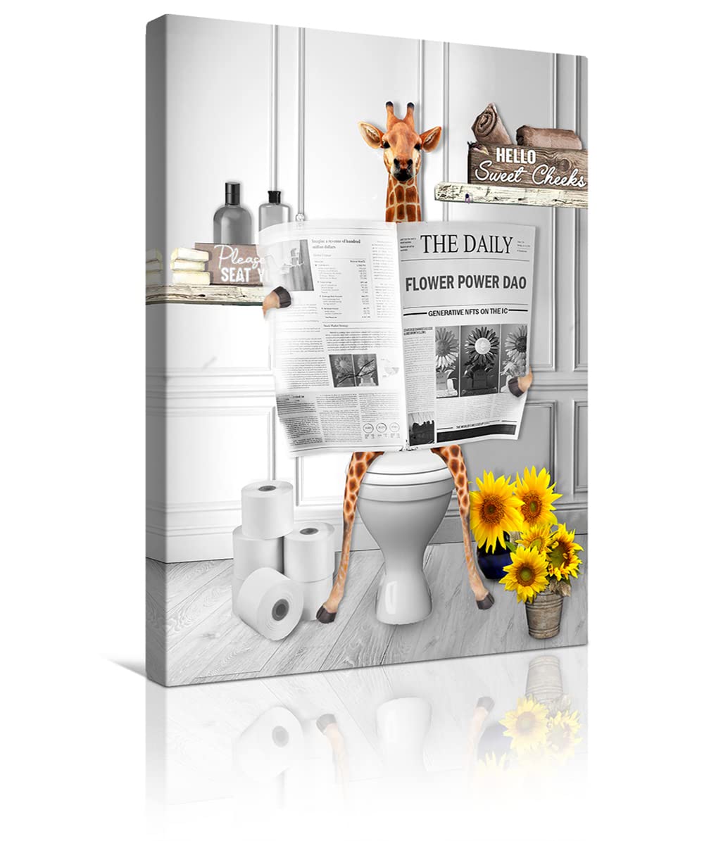 Funny Giraffe Reading Newspaper in Toilet Canvas Wall Art - Black & White Modern Bathroom Decor, Farmhouse Animal Print 8x10 Inch - Perfect for Powder Room, Guest Bath or Kids' Bathroom Decor