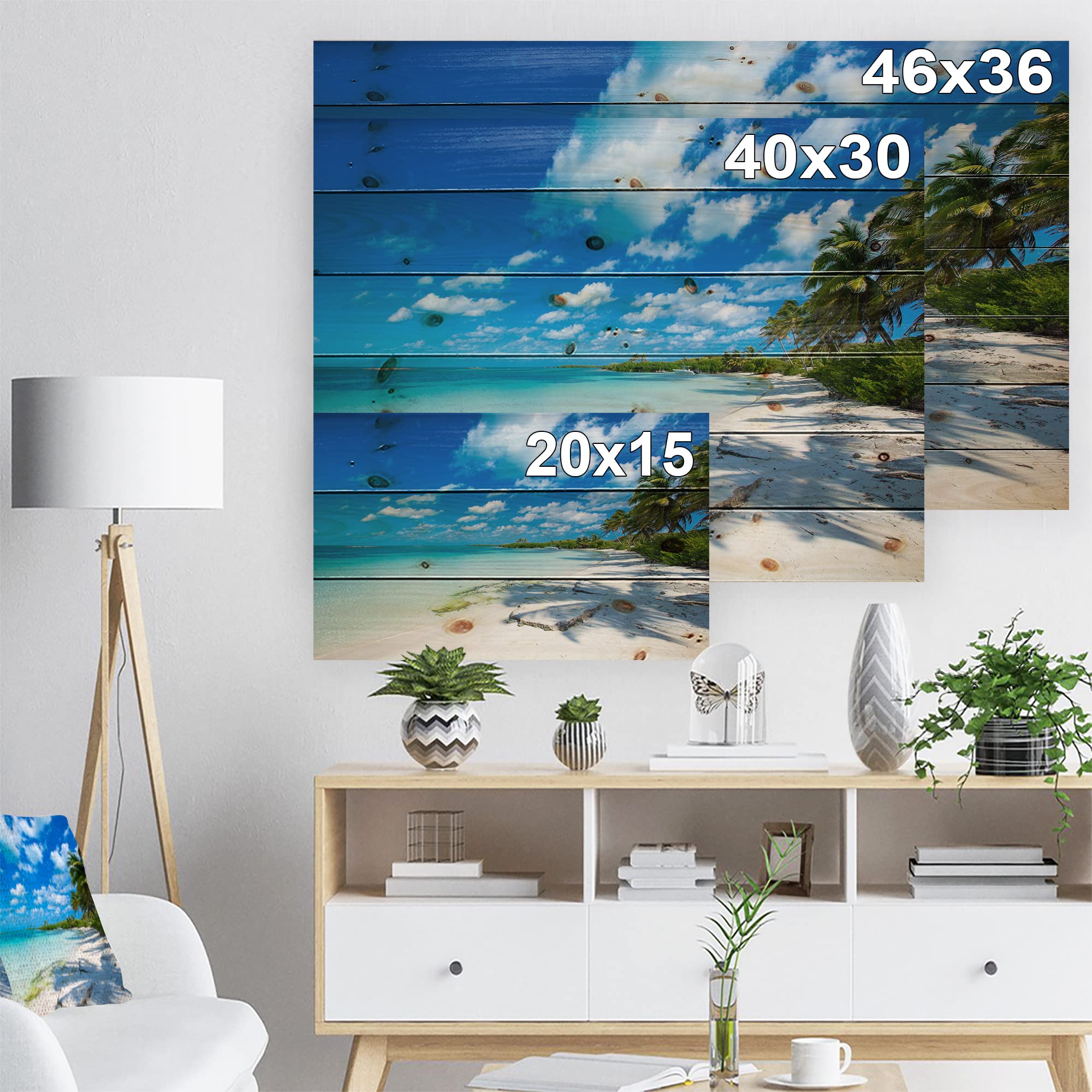 Tropical Beach Wood Wall Art - Coastal & Nautical Decor with Palm Shadows, Blue Wooden Wall Panels Printed on Natural Pine - Perfect for Beach House, Living Room, or Office Decor