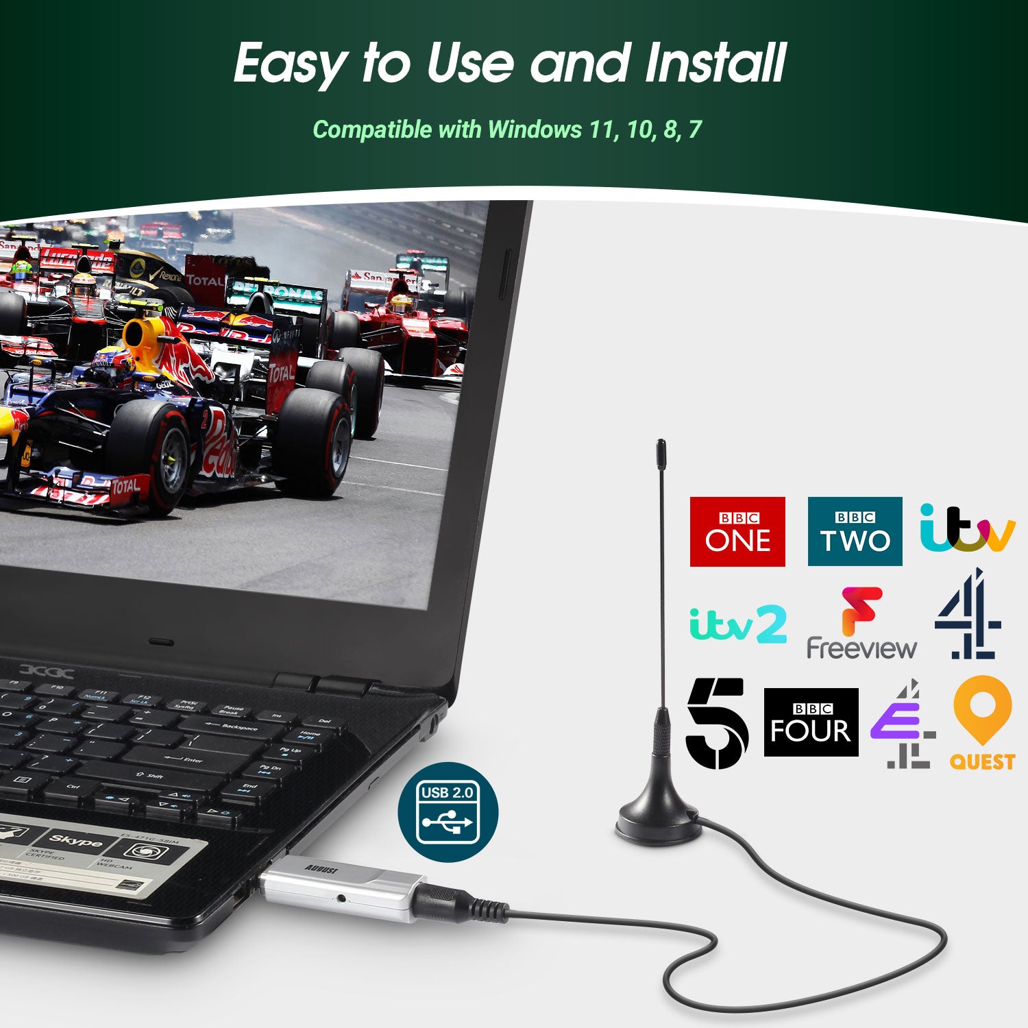 DVB-T2 USB TV Tuner for PC - Watch & Record Freeview HD Channels on Laptop - Live TV Streaming Device for Home, Office & Travel
