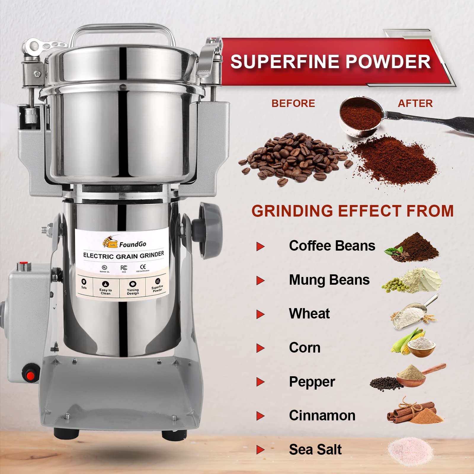 FoundGo 500g Electric Grain Mill Grinder - Commercial Grade Spice & Coffee Grinder for Dry Herbs, Seeds, Grains, Rice & Pepper - Perfect for Home Kitchens, Bakeries & Coffee Shops