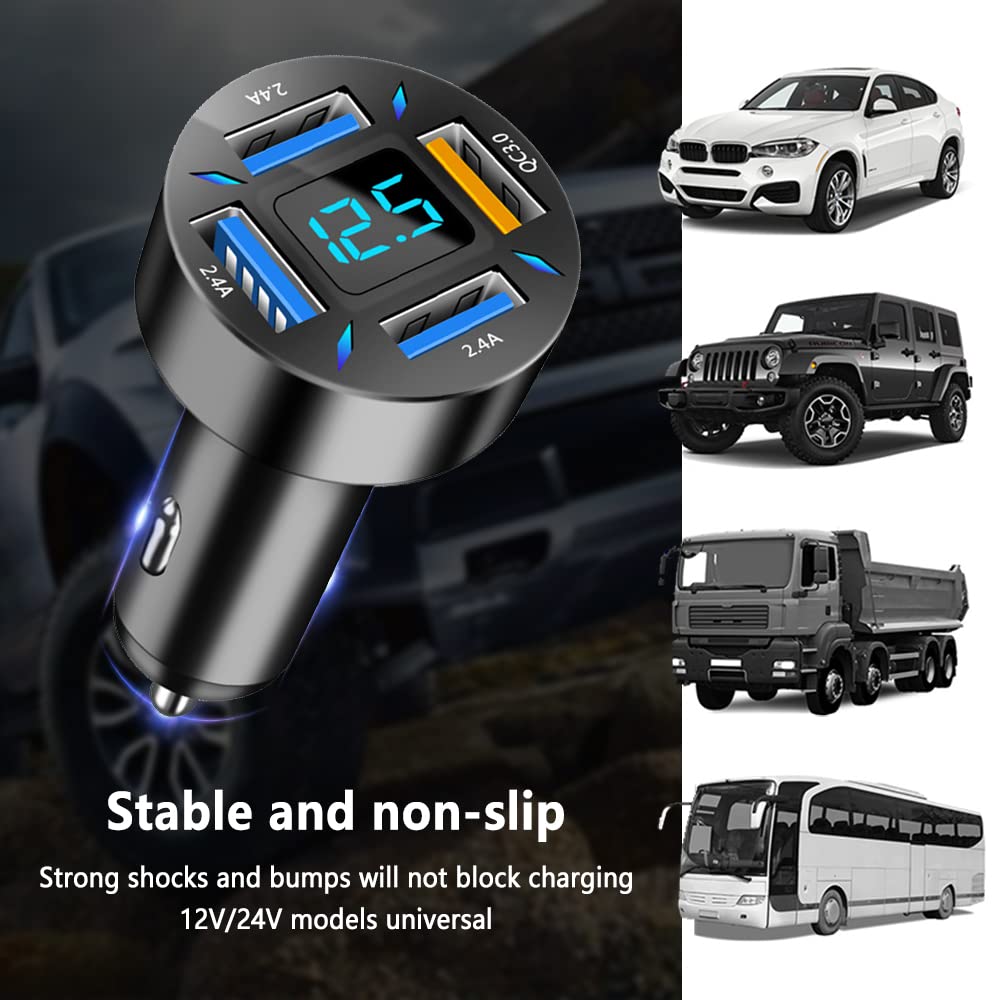 4-Port USB Car Fast Charger with QC3.0 & LED Lights - 36W High Speed Cigarette Lighter USB Charger Compatible with iPhone 15/14, Samsung Galaxy S23, iPad Pro & More Smartphones - Perfect for Road Trips, Family Travel & Business Commutes