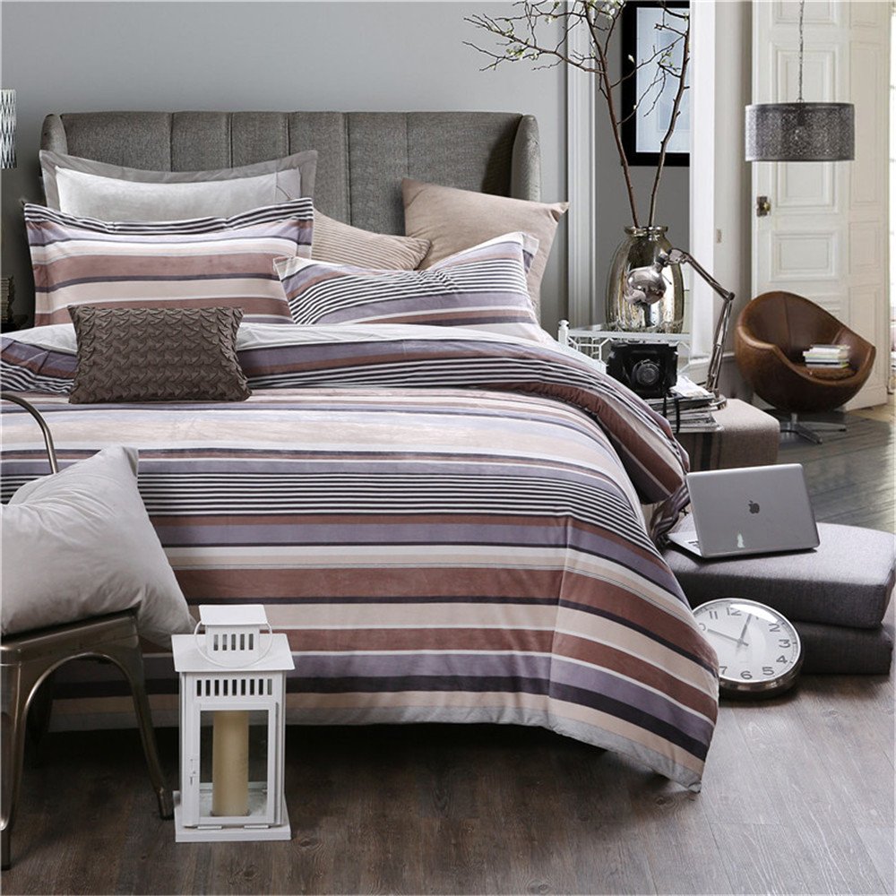 Newrara 4-Piece Striped Flannel Fleece Bedding Set - Full Size Grey Duvet Cover & Sheet Set | Ultra Soft & Warm Winter Bedding | Perfect for Cozy Nights & Guest Rooms