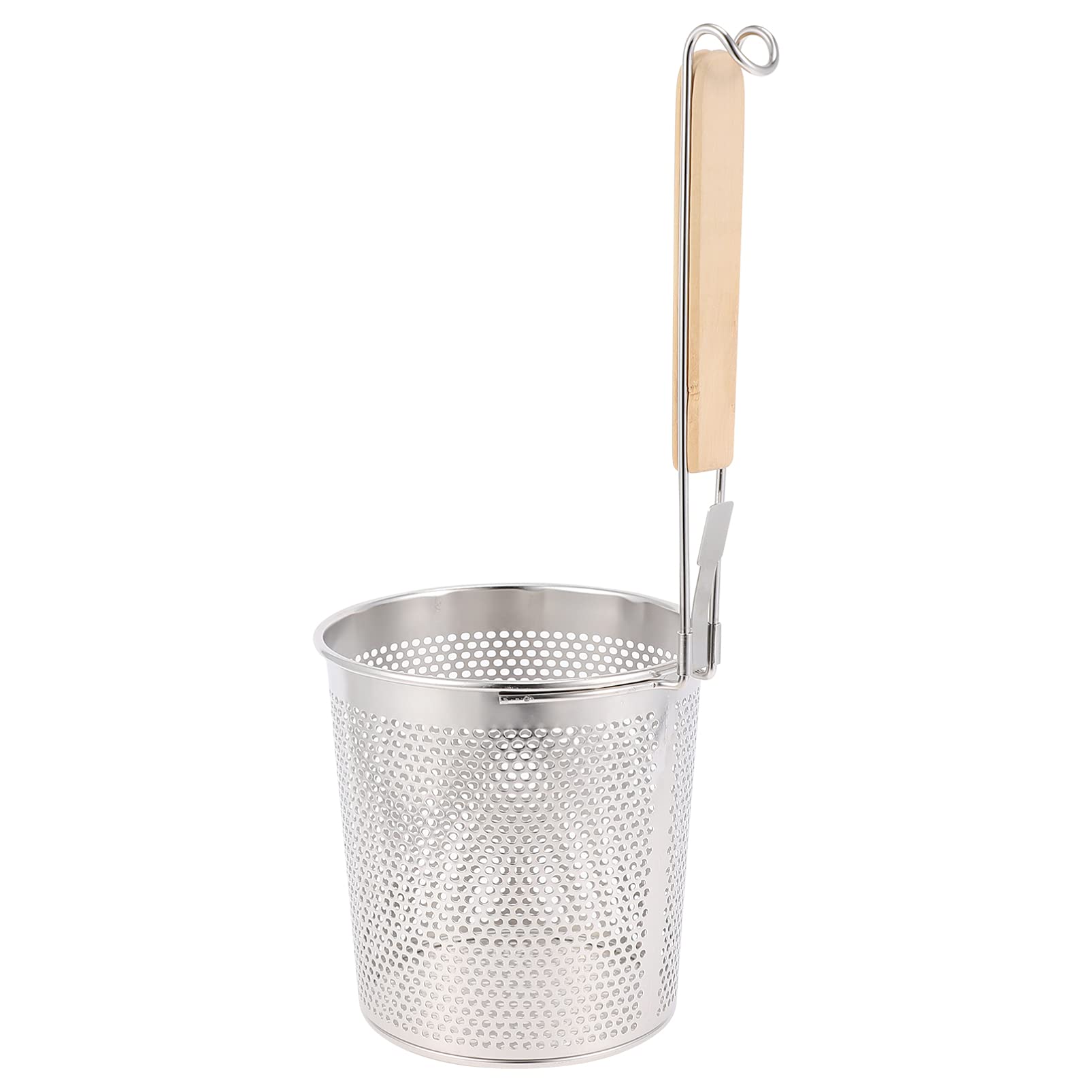 Stainless Steel Large Round Wok Strainer Colander with Wooden Handle - 12cm Fry Basket for Udon, Pasta, Noodle & Ramen | Perfect for Rinsing, Straining, Boiling & Frying | Ideal for Asian Cooking, Kitchen Prep & Deep Frying