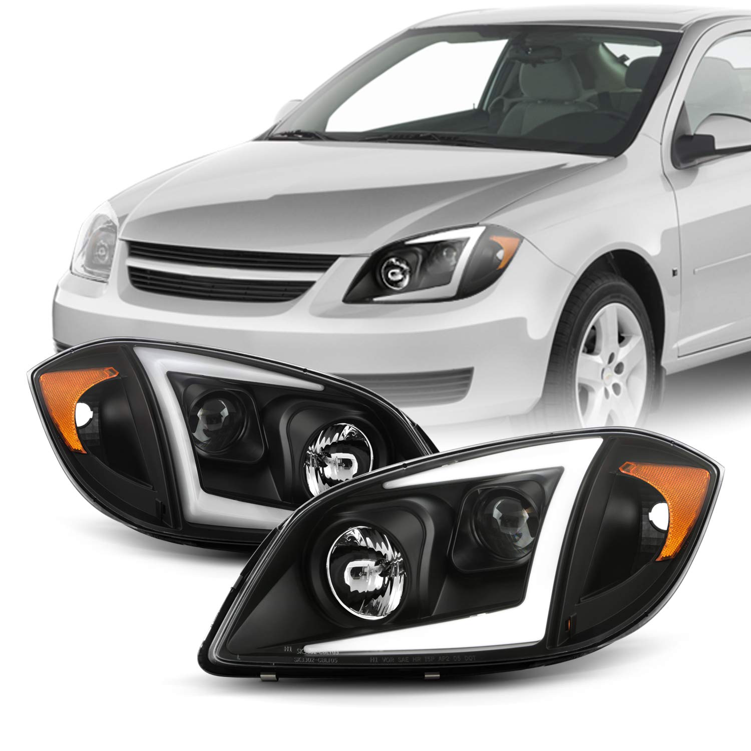 AKKON LED Projector Headlights for 2005-2010 Chevy Cobalt & 2007-2010 Pontiac G5 - Black C-Tube Design, Left + Right Pair - Upgrade Your Night Driving Safety
