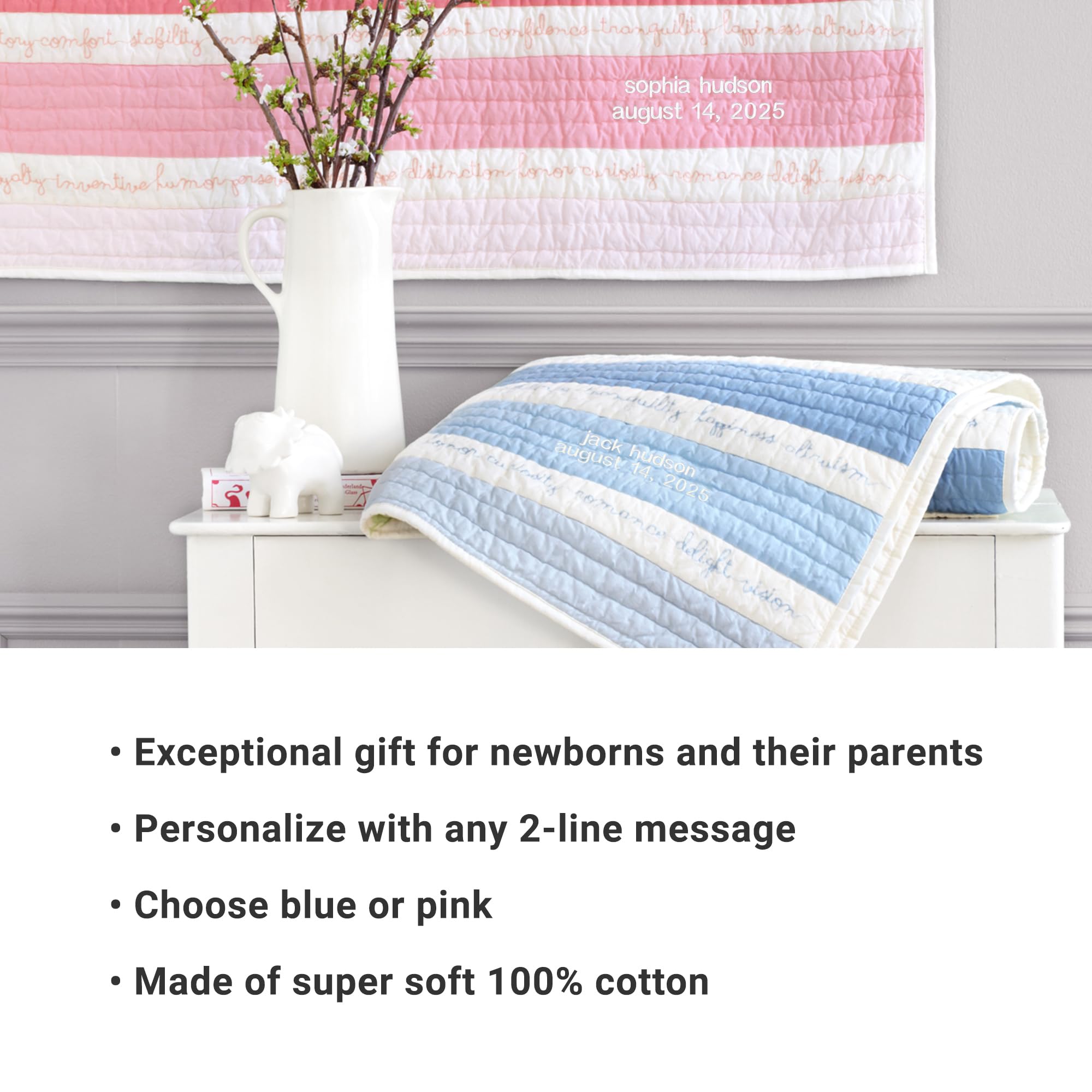 Personalized Baby Quilt - Custom Embroidered Keepsake Blanket for Newborns - 100 Wishes Plush Blankie with Message - 36”Wx50”L - Blue - Perfect Baby Shower Gift & Nursery Essential