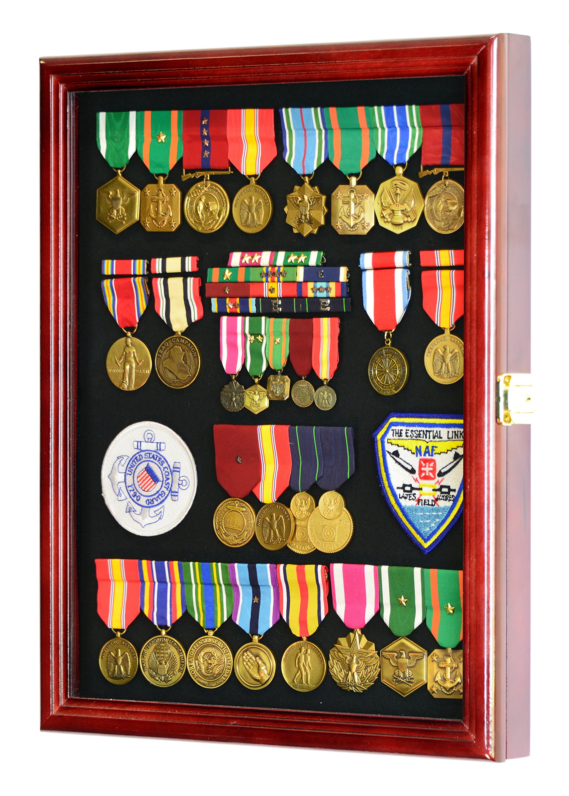 Military Medals, Pins, Badges, Patches & Insignia Display Case - Lockable Shadowbox Cabinet with Pinnable Background for Ribbons & Flags - Perfect for Home, Office or Military Memorabilia Display