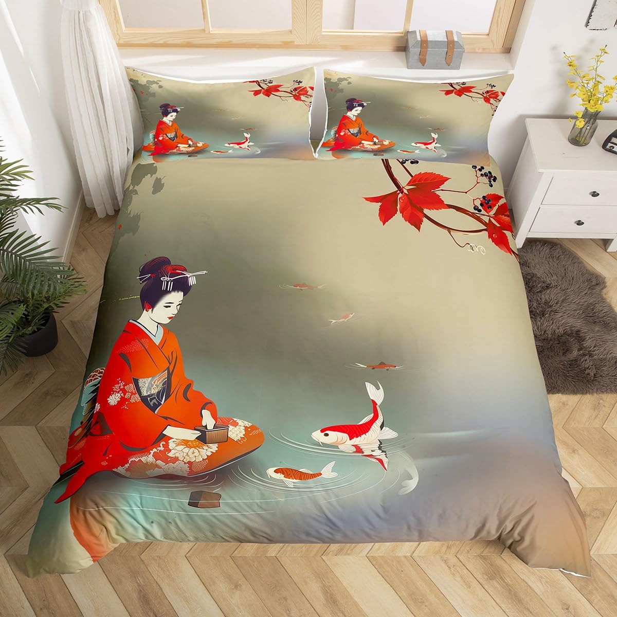 3D Printed Koi Fish Duvet Cover Set - Japanese Style Twin Bedding with Geisha & Fish Pattern | Soft 2-Piece Comforter Cover for Women's Bedroom Decor | Perfect for Asian-Themed Rooms & Zen Home Decor