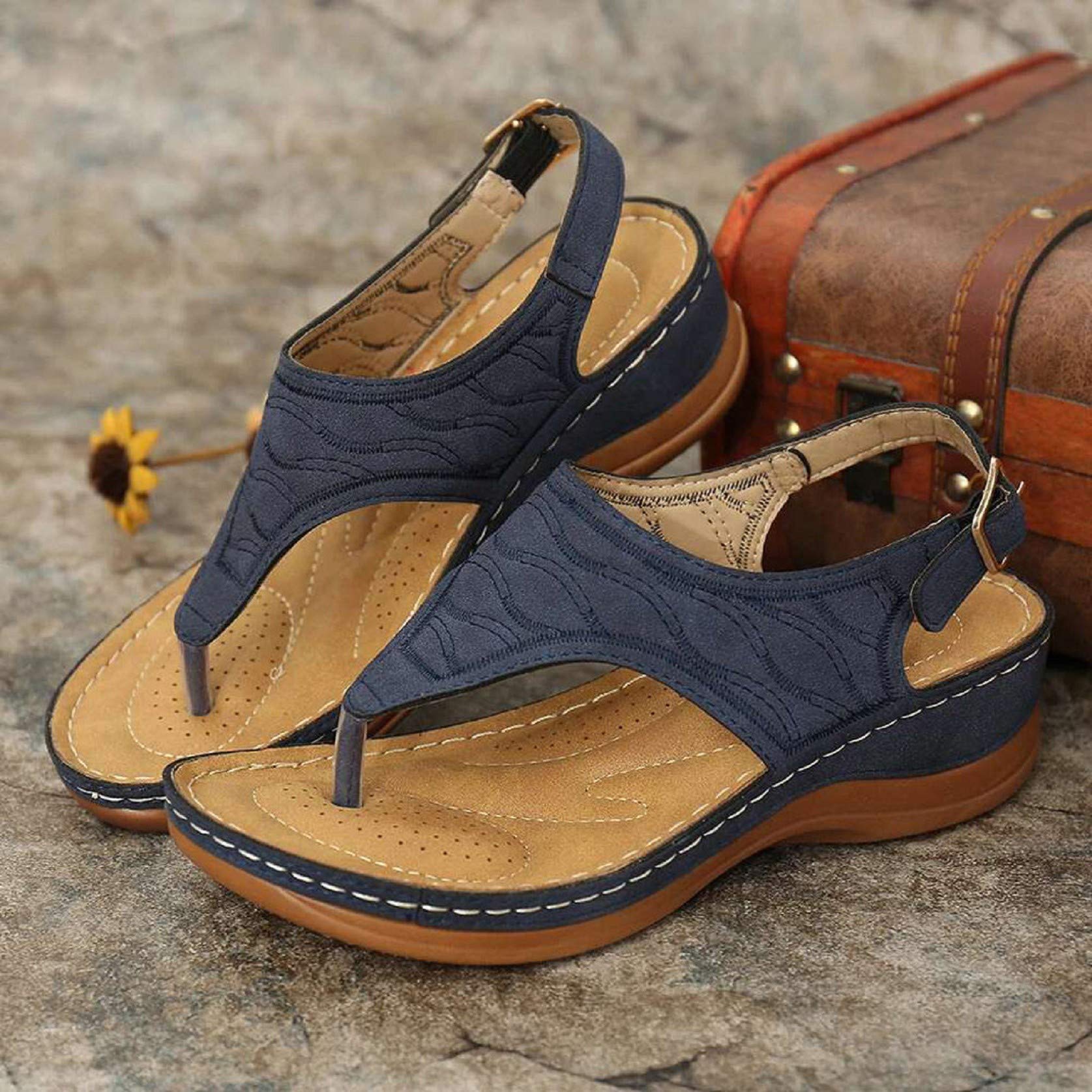 **Orthopedic Sandals for Women with Arch Support - Comfortable Slip-On Thong Flip Flops for Summer - Blue, Size 7 | Perfect for Walking, Travel & Beach Outings**