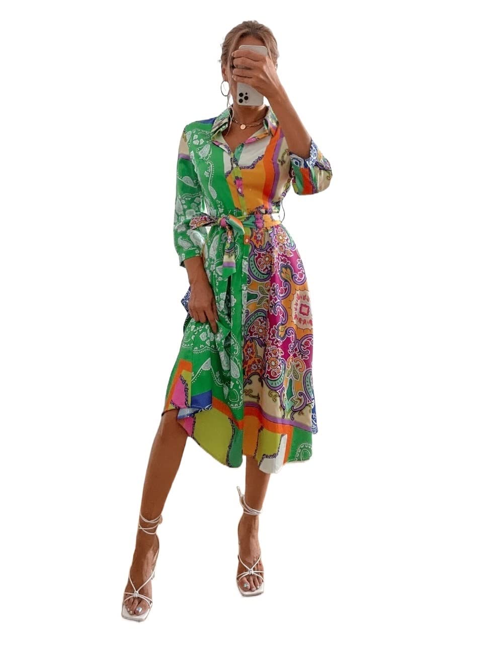 2023 Women's Summer Dresses - Color Block Paisley Print Belted Shirt Maxi Dress | Beach Vacation, Party & Casual Wear