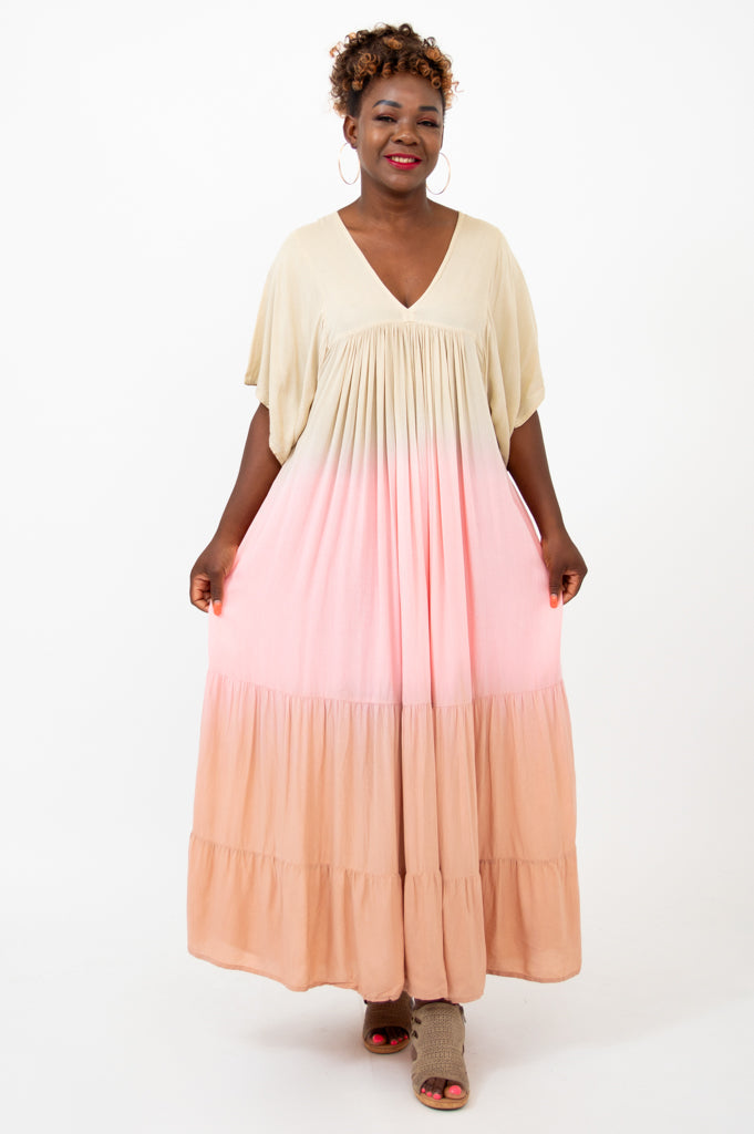 Empress Dress - Tan Dip Dye Maxi Dress for Women | Boho Chic Summer Beach Dress for Vacation, Wedding & Special Occasions