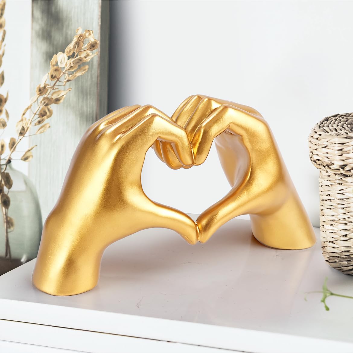 Gold Hand Gesture Statue Sculpture - Elegant Home Decor for Bedroom, Bookshelf & Coffee Table - Love Finger Aesthetic Accent Piece - Perfect for Wedding Centerpieces, Housewarming Gifts & Boho Room Decor (Gold)