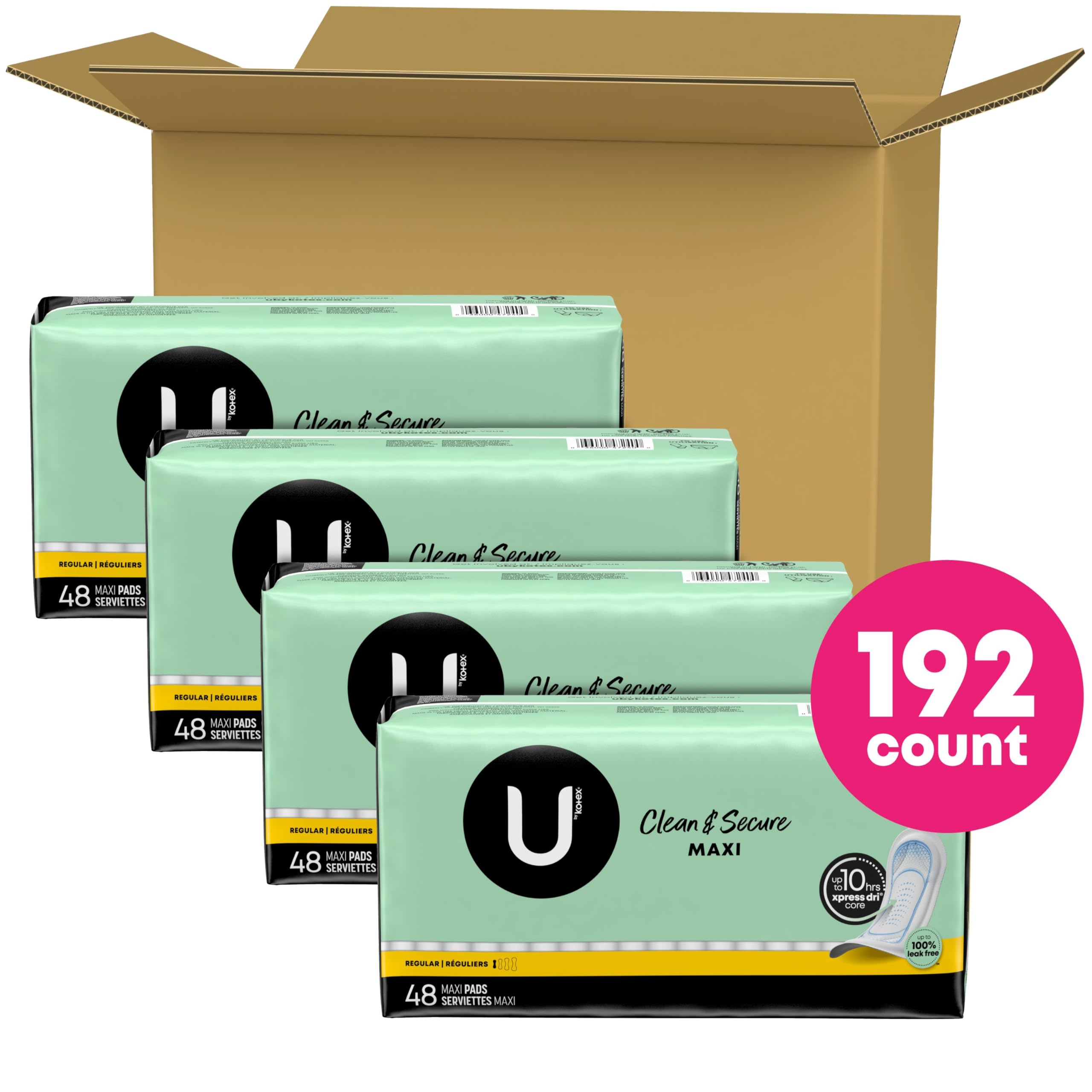 U by Kotex Clean & Secure Maxi Pads - Regular Absorbency, 192 Count (4 Packs of 48) | Ultra Thin Feminine Pads for Women | Day & Night Use for Maximum Protection | Comfortable & Leakproof Sanitary Napkins | Perfect for Active Lifestyles & Daily Wear