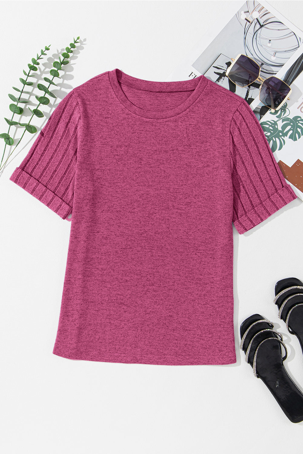Alma Ribbed Splicing Sleeve Round Neck Top for Women - Trendy Casual & Party Wear