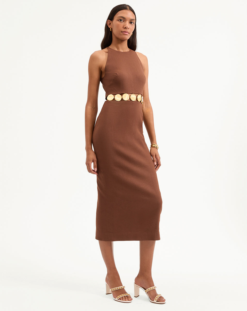 Isla Gold Medallion Midi Dress - Women's Floral Print Summer Dress for Beach Wedding & Vacation | Elegant A-Line Party Dress for Cocktail & Evening Events