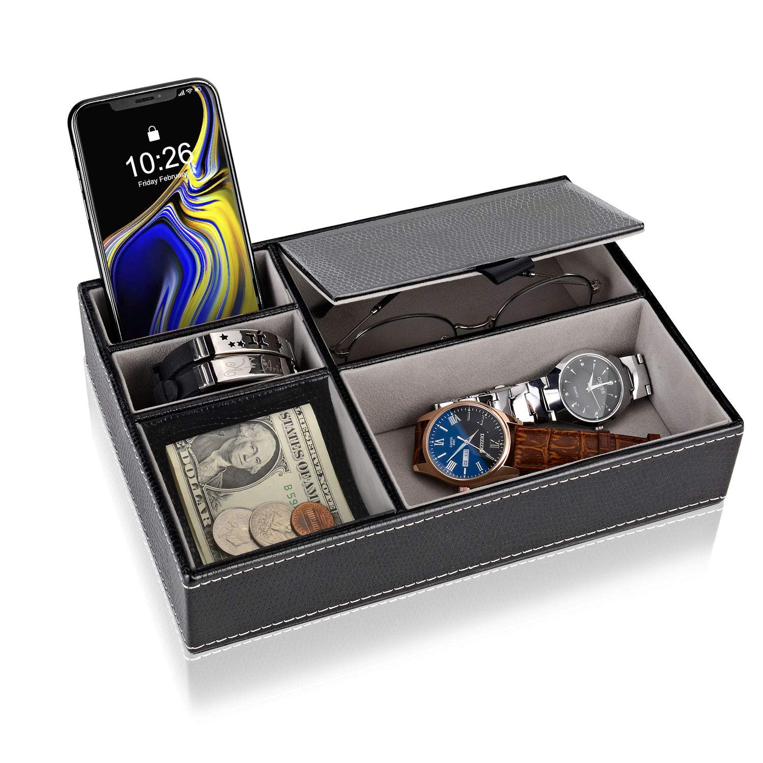 Baoyun Men's Faux Leather Valet Tray with 5 Compartments - Organizer for Smartphone, Keys, Wallet, Watch - Dresser Top Nightstand Storage Box for Bedroom, Office & Travel Essentials