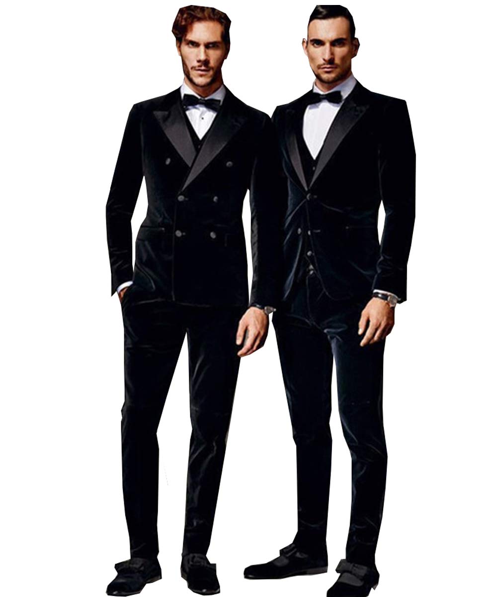 SOLOVEDRESS Men's 2 Piece Velvet Suit - Double Breasted Slim Fit Tuxedo Set (Blazer & Pants) for Wedding, Groomsmen, Prom & Formal Events