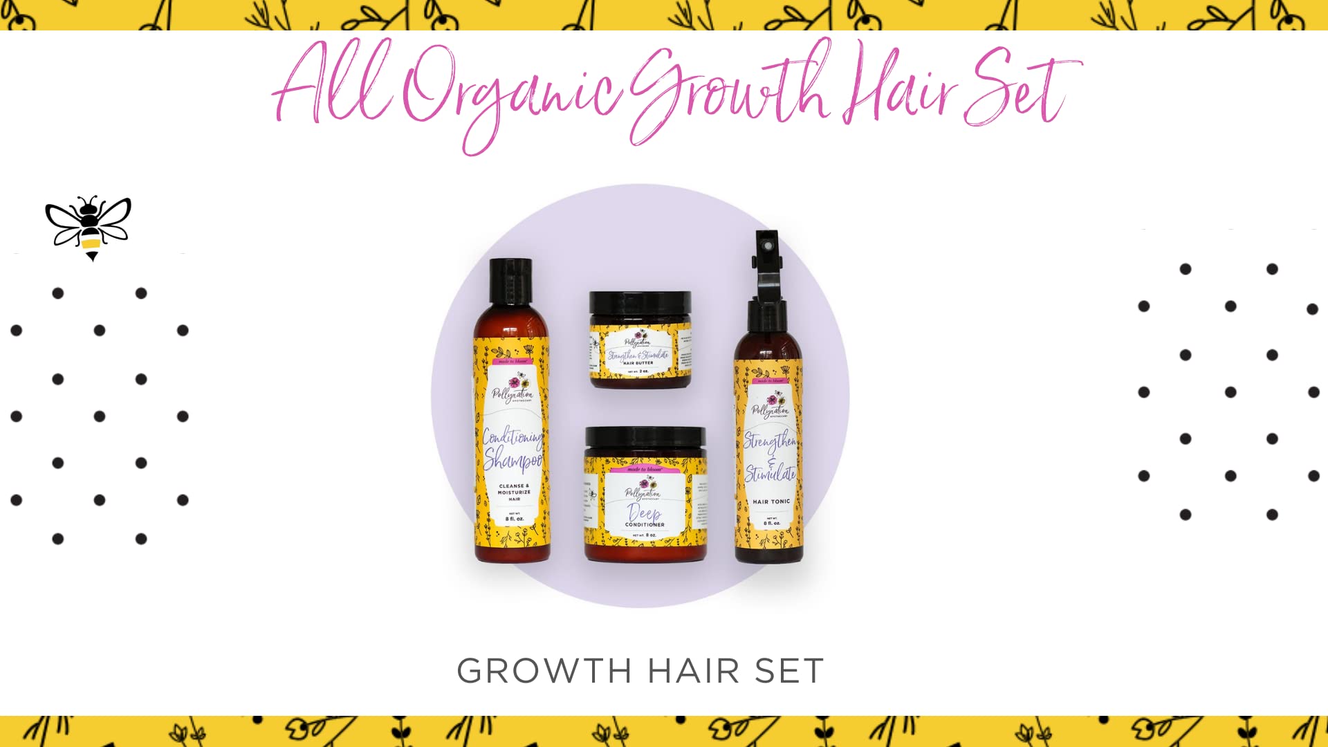 Pollynation Hair Growth Set - Nourishing Shampoo (8 oz), Deep Conditioner (8 oz), Strengthening Hair Butter (2 oz), Revitalizing Hair Tonic (8 oz) for Hair Growth & Repair - Perfect for Thinning Hair, Damaged Hair & Scalp Care - At-Home Hair Treatment for Women & Men