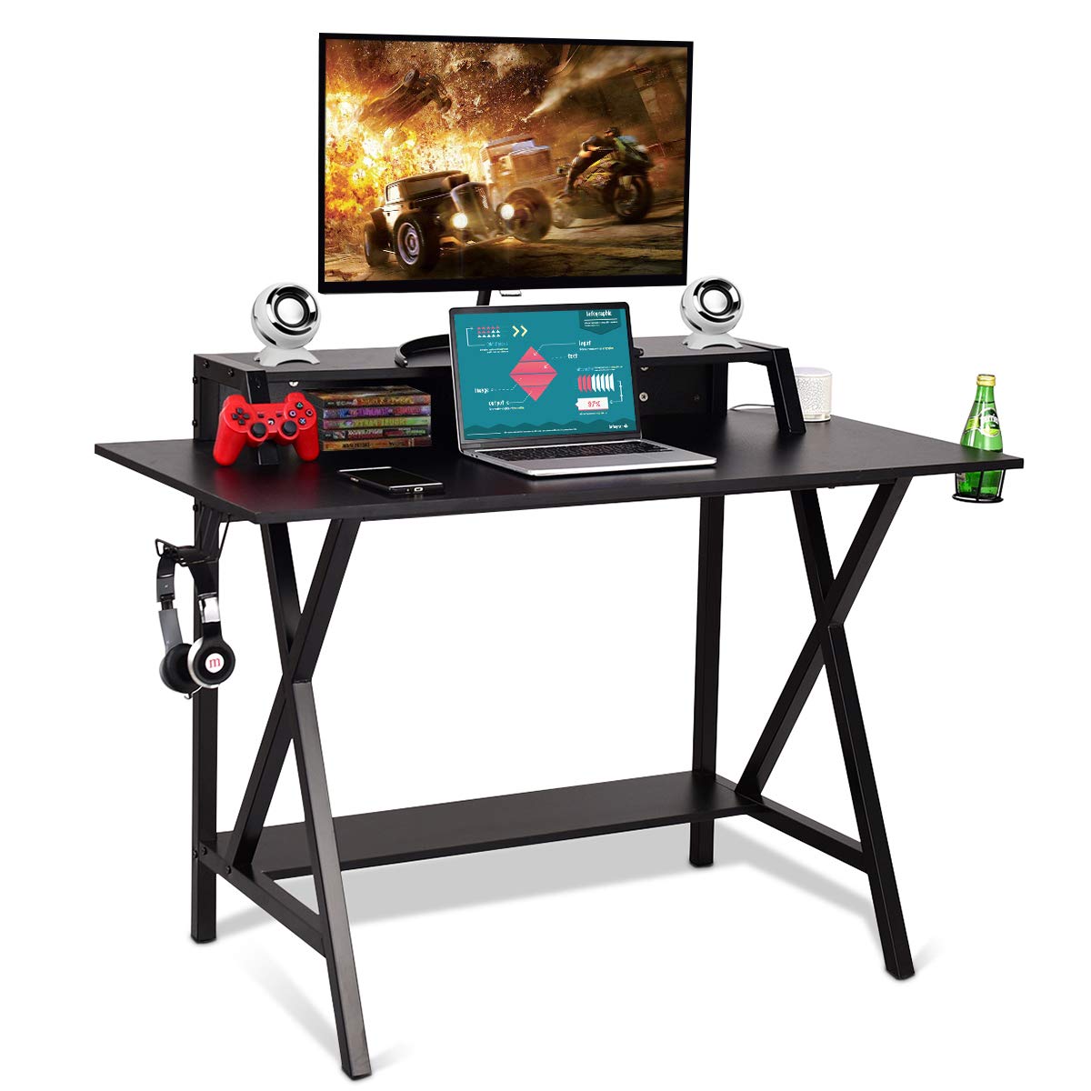 48-inch WATERJOY Gaming Desk - Ergonomic E-Sports Workstation with Headset Hook, Cup Holder & Built-in Power Strip | Perfect for PC Gaming, Streaming & Home Office Setup (Black)