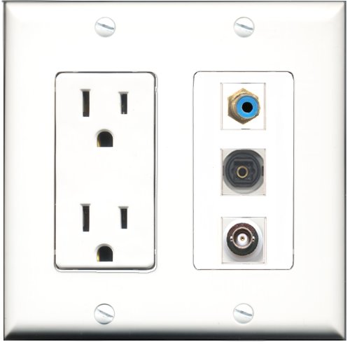 RiteAV 15 Amp Power Outlet with 1 RCA, 1 Toslink & 1 BNC Port - Decorative Wall Plate for Home Theater & Audio Systems