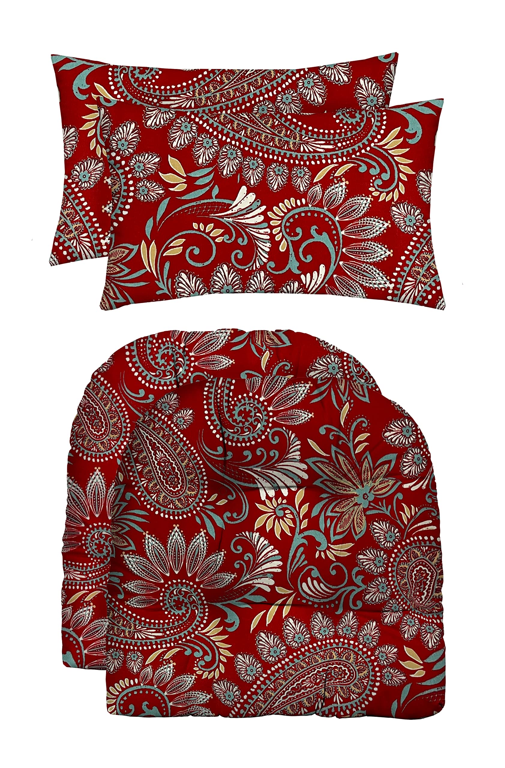 Tufted U-Shaped & Lumbar Outdoor Cushions 19x19 & 20x12 Inch - Waterproof Spun Fabric Patio Pillows for Garden Furniture - Eastman Berry Red Paisley Design - Perfect for Poolside Lounging & Backyard Relaxation