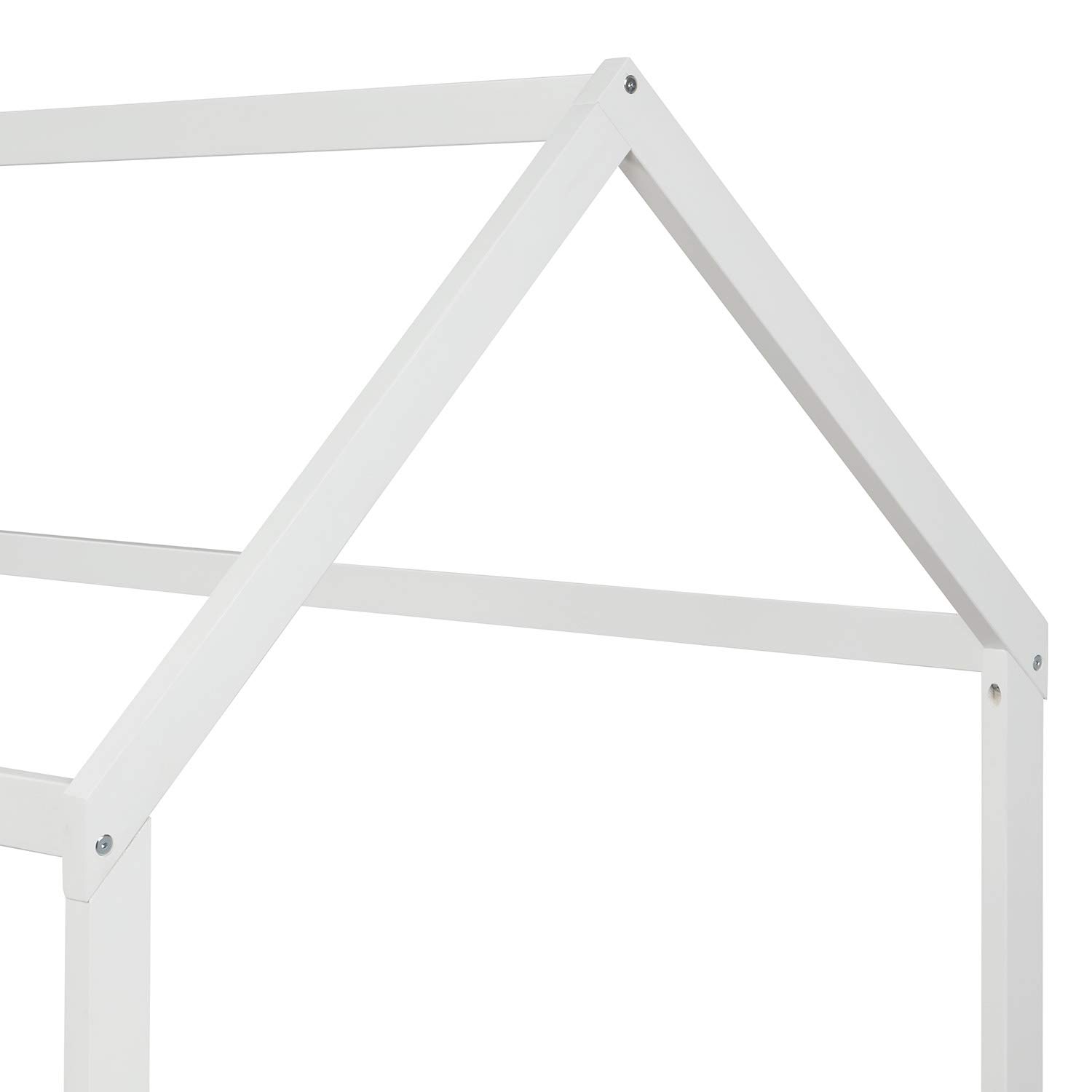 **Kids Twin Size Wood Floor Bed - House Shape Bed Frame with Roof & Fence, Cabin/Tent Bed for Children & Teens (White) - Perfect for Playrooms, Bedrooms & Montessori Spaces**
