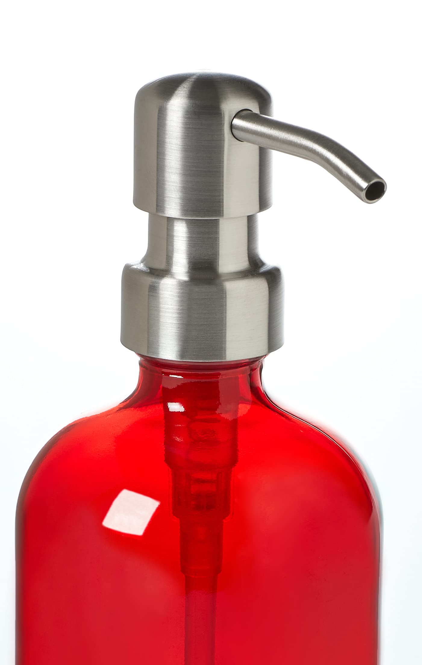 Stainless Steel Red Glass Soap Dispenser with Non-Slip Coaster & Top Protector - 16oz Hand Wash Liquid Pump for Kitchen, Bathroom & Office Sink