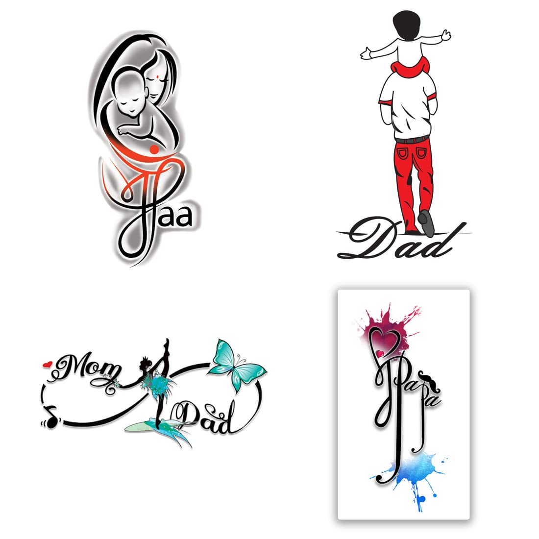Waterproof Temporary Tattoos for Parents - Mom & Dad Pack of 4 (2x4 inch) - Perfect for Family Events, Parties & Special Occasions