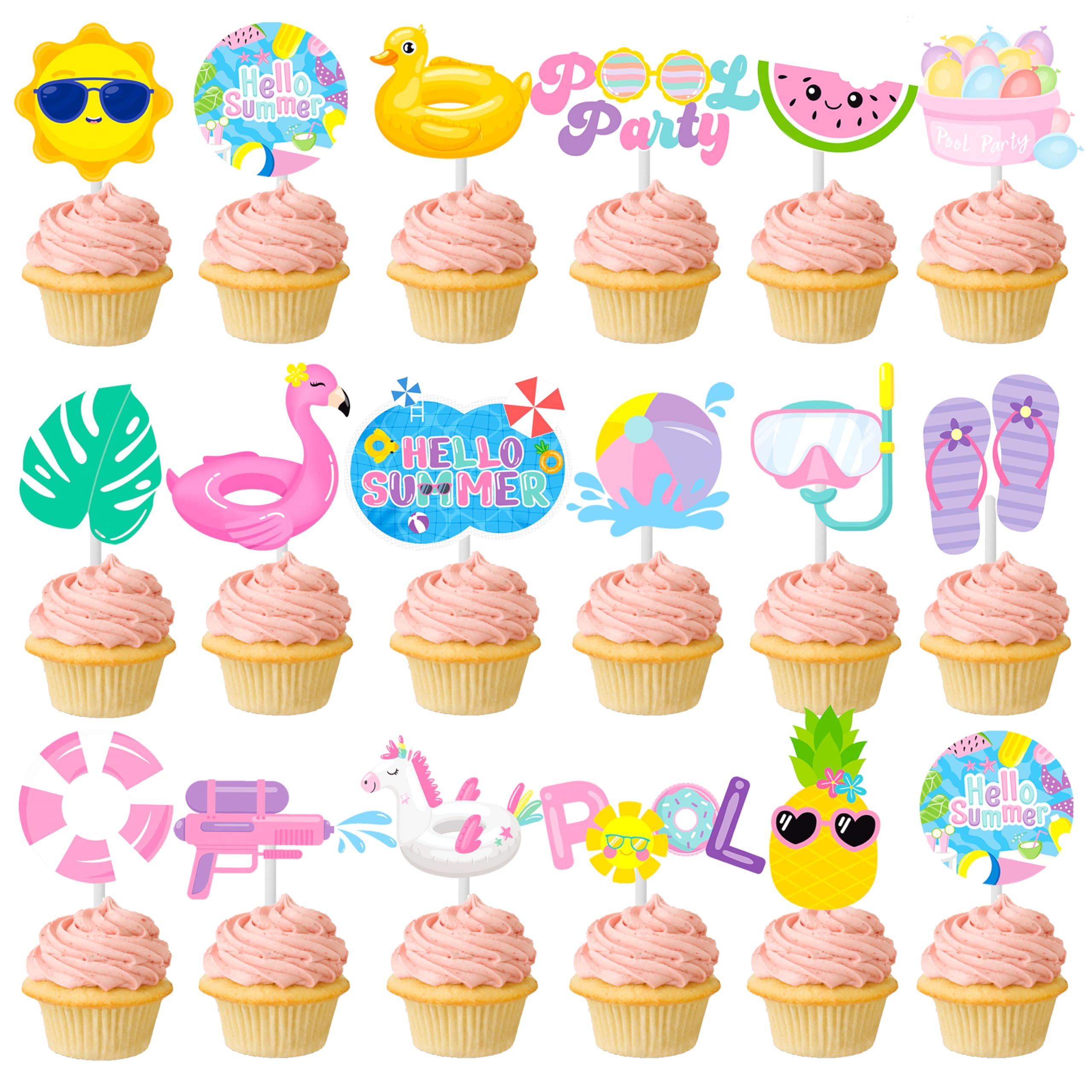 36pc Summer Cupcake Toppers - Pool Party Decorations - Water Themed Birthday Cake Picks for Swimming Baby Shower - Perfect for Summer Parties, Beach Themed Events & Kids Birthday Celebrations