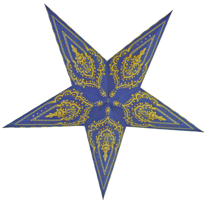 24 Pack Blue on Yellow Mehandi Paper Star Lanterns - Hanging Wedding, Party & Festival Decorations for Indoor/Outdoor Events